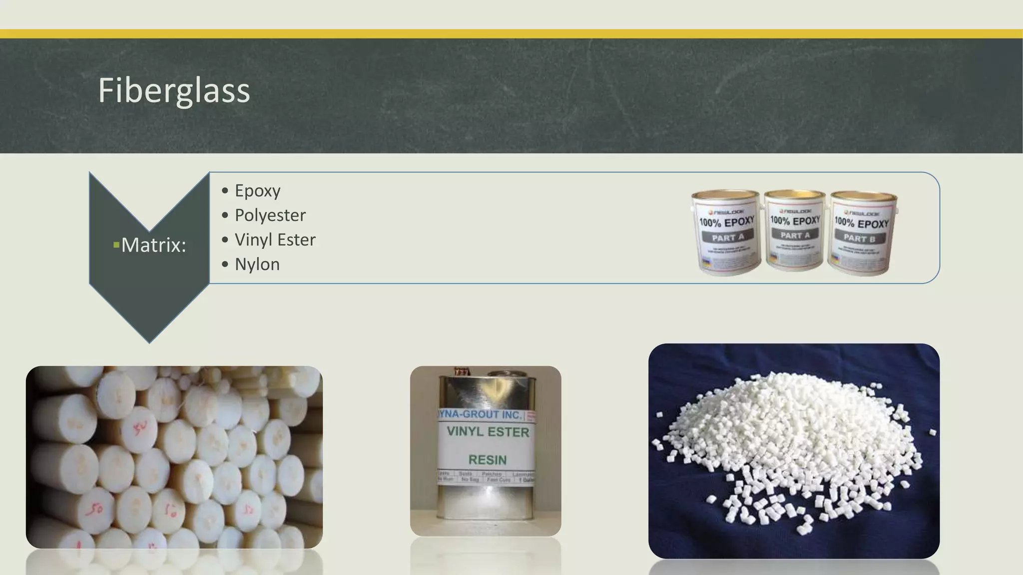 Matrix:
• Epoxy
• Polyester
• Vinyl Ester
• Nylon
Fiberglass
 
