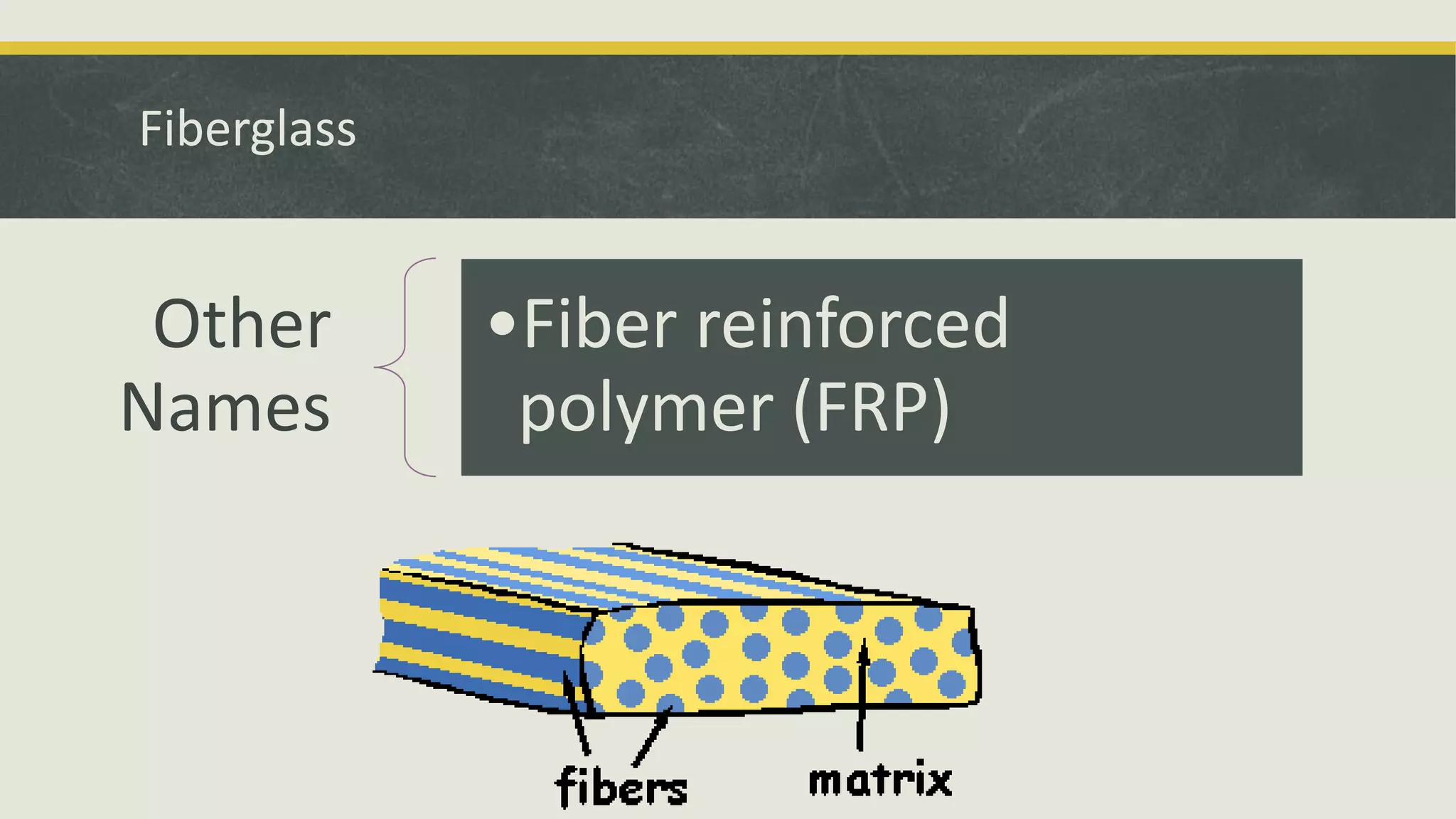 Fiberglass
Other
Names
•Fiber reinforced
polymer (FRP)
 