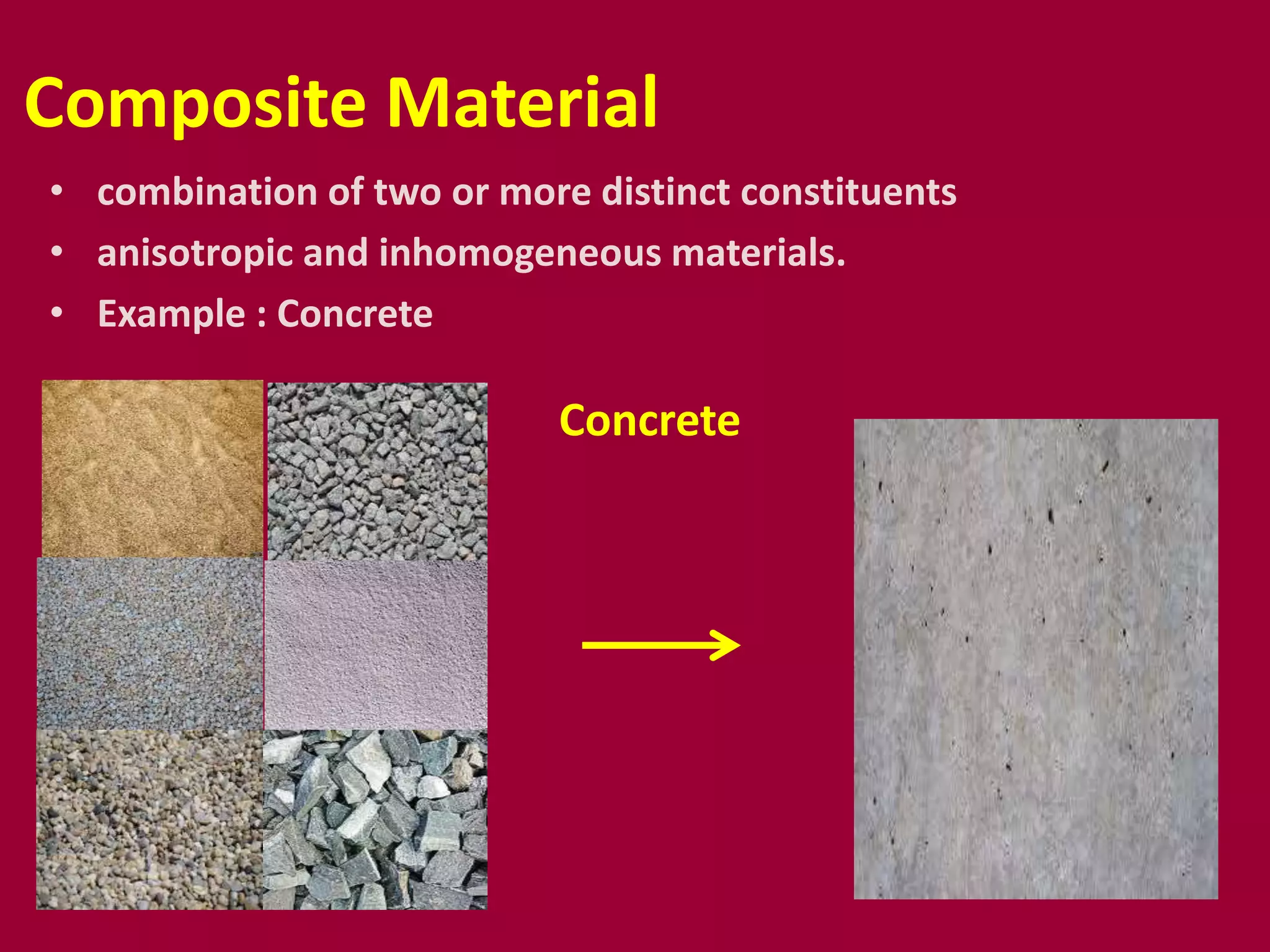 • combination of two or more distinct constituents
• anisotropic and inhomogeneous materials.
• Example : Concrete
Composite Material
Concrete
 