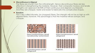  Discontinuous & Aligned
The fibres are shorter than the critical length. Hence discontinuous fibres are less
effective in strengthening the material, however, their composite modulus and tensile
strengths can approach 50-90% of their continuous and aligned counterparts.
And they are cheaper, faster and easier to fabricate into complicated shapes.
 Random
This is also called discrete, (or chopped) fibres. The strength will not be as high as with
aligned fibres, however, the advantage is that the material will be isotropic and
cheaper.
 