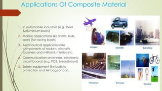 Applications Of Composite Material
1. In automobile industries (e.g. Steel
&Aluminium body)
2. Marine applications like shafts, hulls,
spars (for racing boats)
3. Aeronautical application like
components of rockets, aircrafts
(business and military), missiles etc.
4. Communication antennae, electronic
circuit boards (e.g. PCB, breadboard)
5. Safety equipment like ballistic
protection and Air bags of cars.
 