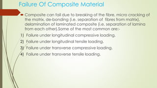 Failure Of Composite Material
 Composite can fail due to breaking of the fibre, micro cracking of
the matrix, de-bonding (i.e. separation of fibres from matrix),
delamination of laminated composite (i.e. separation of lamina
from each other).Some of the most common are:-
1) Failure under longitudinal compressive loading.
2) Failure under longitudinal tensile loading.
3) Failure under transverse compressive loading.
4) Failure under transverse tensile loading.
 