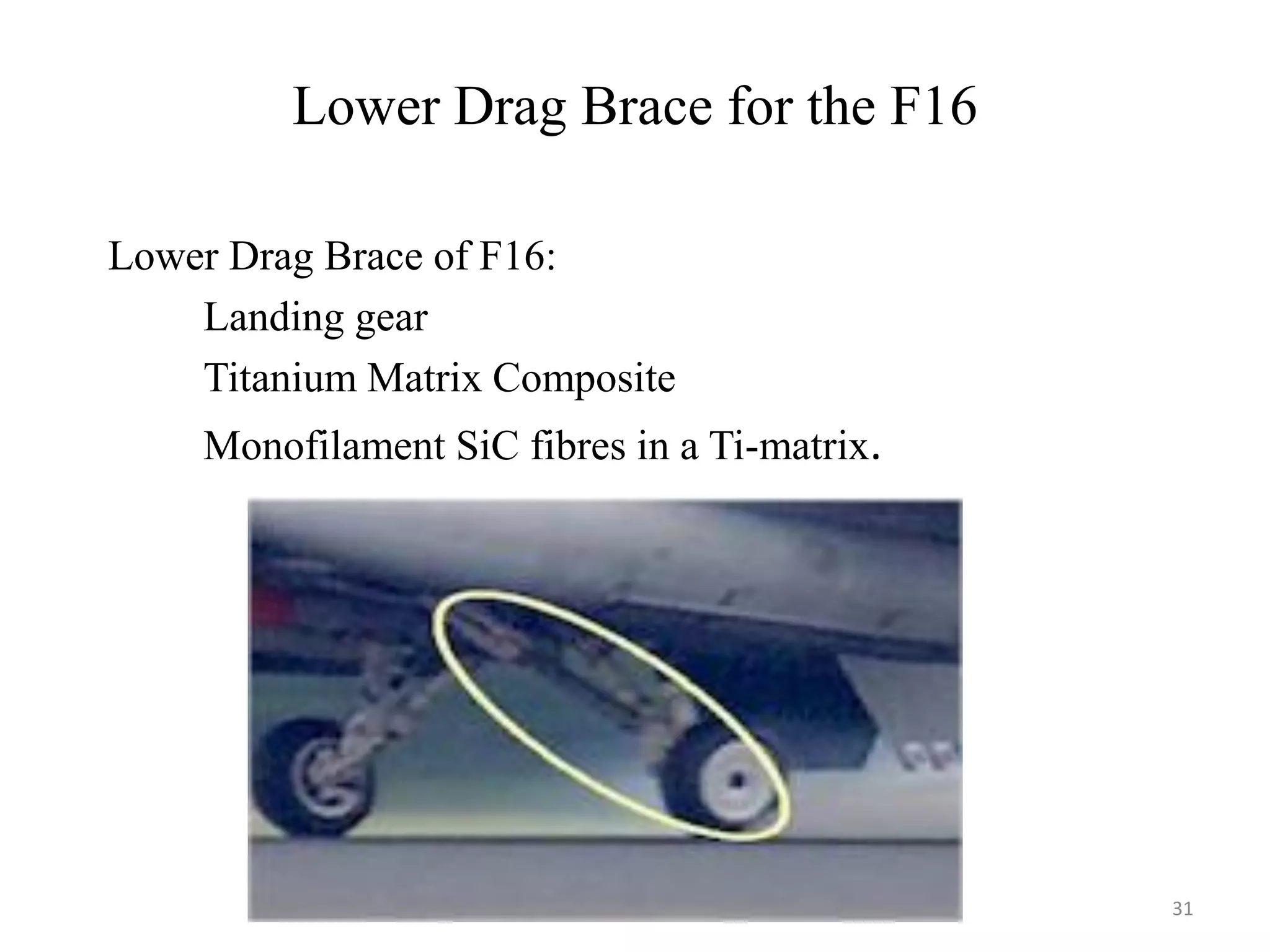 Lower Drag Brace for the F16
Lower Drag Brace of F16:
Landing gear
Titanium Matrix Composite
Monofilament SiC fibres in a Ti-matrix.
31
 