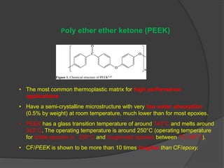 Poly ether ether ketone (PEEK)
• The most common thermoplastic matrix for high performance
applications.
• Have a semi-crystalline microstructure with very low water absorption
(0.5% by weight) at room temperature, much lower than for most epoxies.
• PEEK has a glass transition temperature of around 143°C and melts around
343°C. The operating temperature is around 250°C (operating temperature
for brittle epoxies is ̴250°C and toughened epoxies between 75-185°C).
• CF/PEEK is shown to be more than 10 times tougher than CF/epoxy.
 
