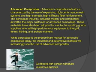 Advanced Composites : Advanced composites industry is
characterized by the use of expensive, high-performance resin
systems and high-strength, high-stiffness fiber reinforcement.
The aerospace industry, including military and commercial
aircraft is the major customer for advanced composites. These
materials have also been adopted for use by the sporting goods
suppliers who sell high-performance equipment to the golf,
tennis, fishing, and archery markets.
While aerospace is the predominant market for advanced
composites today, the industrial and automotive markets will
increasingly see the use of advanced composites.
Surfboard with carbon nanotube
reinforced epoxies
 