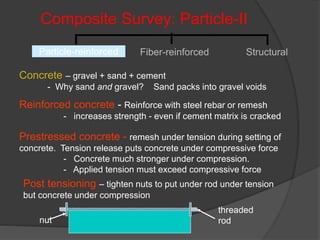 Composite Survey: Particle-II
Concrete – gravel + sand + cement
- Why sand and gravel? Sand packs into gravel voids
Reinforced concrete - Reinforce with steel rebar or remesh
- increases strength - even if cement matrix is cracked
Prestressed concrete - remesh under tension during setting of
concrete. Tension release puts concrete under compressive force
- Concrete much stronger under compression.
- Applied tension must exceed compressive force
Particle-reinforced Fiber-reinforced Structural
threaded
rodnut
Post tensioning – tighten nuts to put under rod under tension
but concrete under compression
 