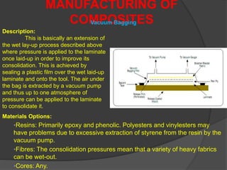 Description:
This is basically an extension of
the wet lay-up process described above
where pressure is applied to the laminate
once laid-up in order to improve its
consolidation. This is achieved by
sealing a plastic film over the wet laid-up
laminate and onto the tool. The air under
the bag is extracted by a vacuum pump
and thus up to one atmosphere of
pressure can be applied to the laminate
to consolidate it.
MANUFACTURING OF
COMPOSITESVacuum Bagging
Materials Options:
•Resins: Primarily epoxy and phenolic. Polyesters and vinylesters may
have problems due to excessive extraction of styrene from the resin by the
vacuum pump.
•Fibres: The consolidation pressures mean that a variety of heavy fabrics
can be wet-out.
•Cores: Any.
 