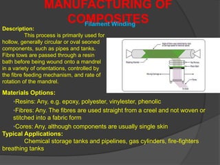 MANUFACTURING OF
COMPOSITESFilament Winding
Materials Options:
•Resins: Any, e.g. epoxy, polyester, vinylester, phenolic
•Fibres: Any. The fibres are used straight from a creel and not woven or
stitched into a fabric form
•Cores: Any, although components are usually single skin
Typical Applications:
Chemical storage tanks and pipelines, gas cylinders, fire-fighters
breathing tanks
Description:
This process is primarily used for
hollow, generally circular or oval seoned
components, such as pipes and tanks.
Fibre tows are passed through a resin
bath before being wound onto a mandrel
in a variety of orientations, controlled by
the fibre feeding mechanism, and rate of
rotation of the mandrel.
 
