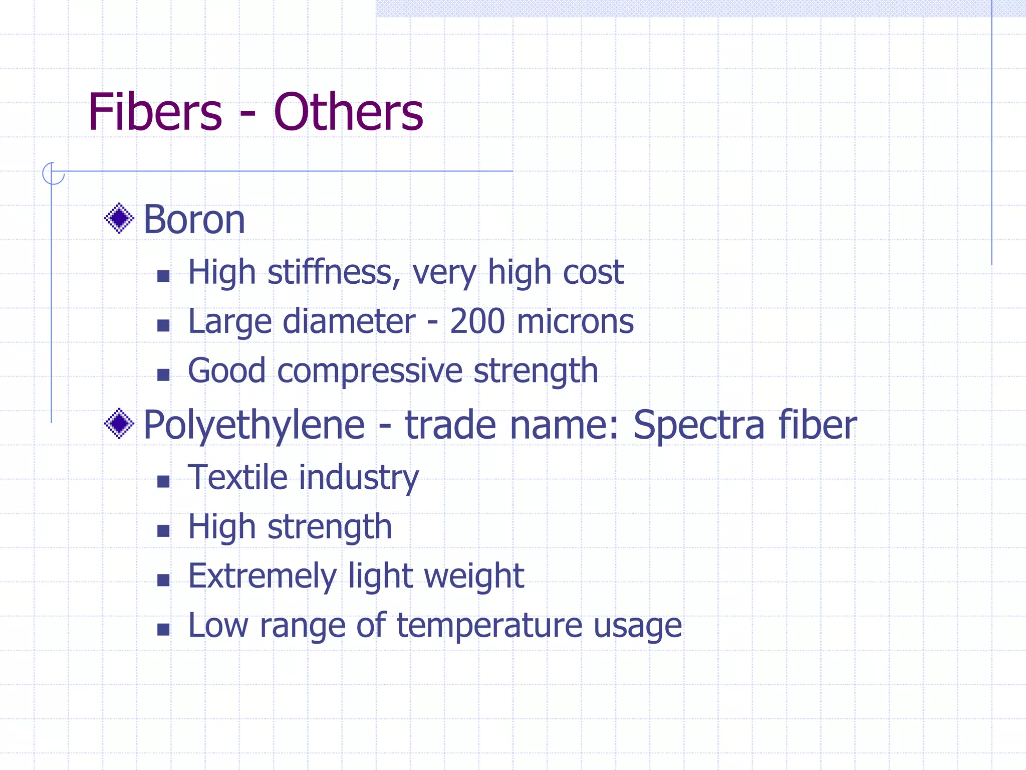 Fibers - Others
Boron
 High stiffness, very high cost
 Large diameter - 200 microns
 Good compressive strength
Polyethylene - trade name: Spectra fiber
 Textile industry
 High strength
 Extremely light weight
 Low range of temperature usage
 