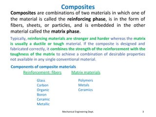 Composites
Mechanical Engineering Dept. 3
Composites are combinations of two materials in which one of
the material is called the reinforcing phase, is in the form of
fibers, sheets, or particles, and is embedded in the other
material called the matrix phase.
Typically, reinforcing materials are stronger and harder whereas the matrix
is usually a ductile or tough material. If the composite is designed and
fabricated correctly, it combines the strength of the reinforcement with the
toughness of the matrix to achieve a combination of desirable properties
not available in any single conventional material.
Reinforcement: fibers
Glass
Carbon
Organic
Boron
Ceramic
Metallic
Matrix materials
Polymers
Metals
Ceramics
Components of composite materials
 