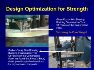 Design Optimization for Strength
Glass-Epoxy Skin Showing
Buckling Delamination Type
Of Failure on the Compressive
Face.
Carbon-Epoxy Skin Showing
Buckling Delamination Type
Of Failure on the Compressive
Face. We found that Froud’s theory
didn’t provide optimized solutions
for any sandwich composite.
 