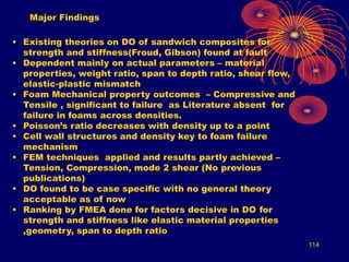 114
Major Findings
• Existing theories on DO of sandwich composites for
strength and stiffness(Froud, Gibson) found at fault
• Dependent mainly on actual parameters – material
properties, weight ratio, span to depth ratio, shear flow,
elastic-plastic mismatch
• Foam Mechanical property outcomes – Compressive and
Tensile , significant to failure as Literature absent for
failure in foams across densities.
• Poisson’s ratio decreases with density up to a point
• Cell wall structures and density key to foam failure
mechanism
• FEM techniques applied and results partly achieved –
Tension, Compression, mode 2 shear (No previous
publications)
• DO found to be case specific with no general theory
acceptable as of now
• Ranking by FMEA done for factors decisive in DO for
strength and stiffness like elastic material properties
,geometry, span to depth ratio
 