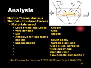 61
Analysis
• Electric-Thermal Analysis
• Thermal – Structural Analysis
• Materials used
• Lead Frame and Leads - Copper
• Wire bonding - Gold
• Die - Silicon
• Adhesive for lead frame
and die - Silver Epoxy
• Encapsulation - Carbon black and
• fused silica particles
• filled epoxy and
• phenolic resin –
• a multiscale composite !
Ref: Padmanabhan Krishnan, A SPEL-SVCE Joint Project, 2007- 2010.
 