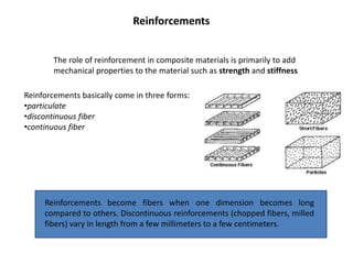 Reinforcements become fibers when one dimension becomes long
compared to others. Discontinuous reinforcements (chopped fibers, milled
fibers) vary in length from a few millimeters to a few centimeters.
The role of reinforcement in composite materials is primarily to add
mechanical properties to the material such as strength and stiffness
Reinforcements
Reinforcements basically come in three forms:
•particulate
•discontinuous fiber
•continuous fiber
 