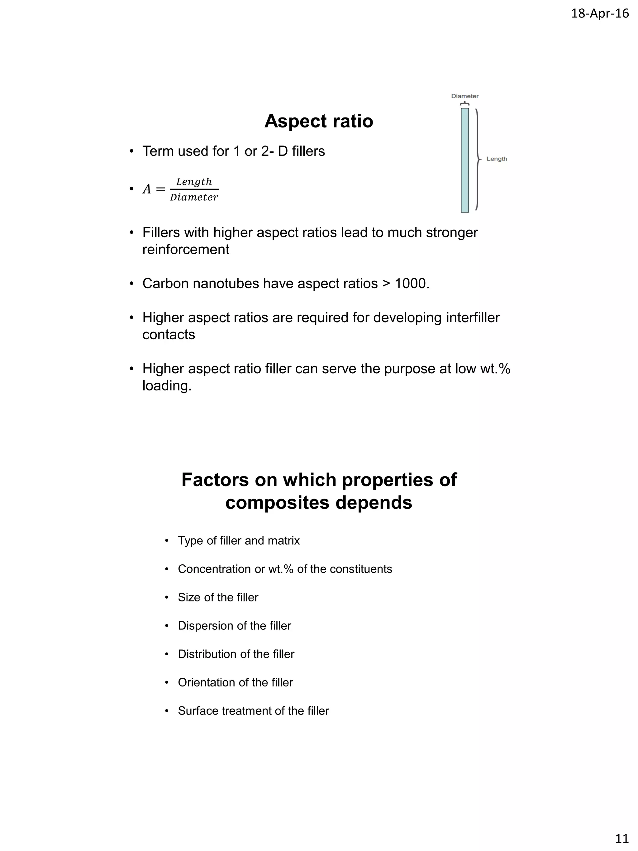 18-Apr-16
11
Aspect ratio
• Term used for 1 or 2- D fillers
• 𝐴 =
𝐿𝑒𝑛𝑔𝑡ℎ
𝐷𝑖𝑎𝑚𝑒𝑡𝑒𝑟
• Fillers with higher aspect ratios lead to much stronger
reinforcement
• Carbon nanotubes have aspect ratios > 1000.
• Higher aspect ratios are required for developing interfiller
contacts
• Higher aspect ratio filler can serve the purpose at low wt.%
loading.
Factors on which properties of
composites depends
• Type of filler and matrix
• Concentration or wt.% of the constituents
• Size of the filler
• Dispersion of the filler
• Distribution of the filler
• Orientation of the filler
• Surface treatment of the filler
 