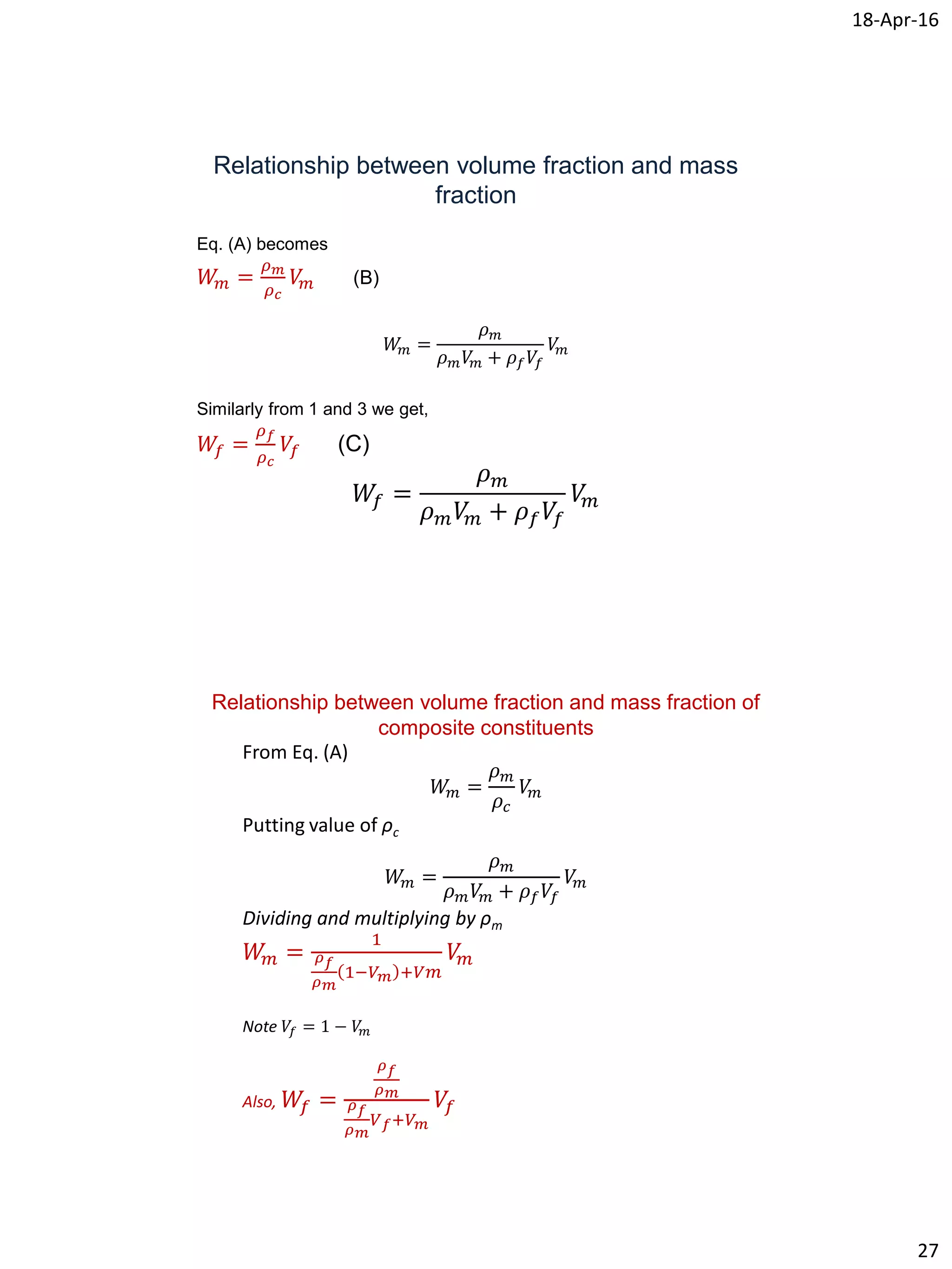 18-Apr-16
27
Relationship between volume fraction and mass
fraction
Eq. (A) becomes
𝑊𝑚 =
𝜌 𝑚
𝜌 𝑐
𝑉𝑚 (B)
𝑊𝑚 =
𝜌 𝑚
𝜌 𝑚 𝑉𝑚 + 𝜌 𝑓 𝑉𝑓
𝑉𝑚
Similarly from 1 and 3 we get,
𝑊𝑓 =
𝜌 𝑓
𝜌 𝑐
𝑉𝑓 (C)
𝑊𝑓 =
𝜌 𝑚
𝜌 𝑚 𝑉𝑚 + 𝜌 𝑓 𝑉𝑓
𝑉𝑚
Relationship between volume fraction and mass fraction of
composite constituents
From Eq. (A)
𝑊𝑚 =
𝜌 𝑚
𝜌𝑐
𝑉𝑚
Putting value of ρc
𝑊𝑚 =
𝜌 𝑚
𝜌 𝑚 𝑉𝑚 + 𝜌 𝑓 𝑉𝑓
𝑉𝑚
Dividing and multiplying by ρm
𝑊𝑚 =
1
𝜌 𝑓
𝜌 𝑚
1−𝑉 𝑚 +𝑉𝑚
𝑉𝑚
Note 𝑉𝑓 = 1 − 𝑉𝑚
Also, 𝑊𝑓 =
𝜌 𝑓
𝜌 𝑚
𝜌 𝑓
𝜌 𝑚
𝑉 𝑓+𝑉 𝑚
𝑉𝑓
 