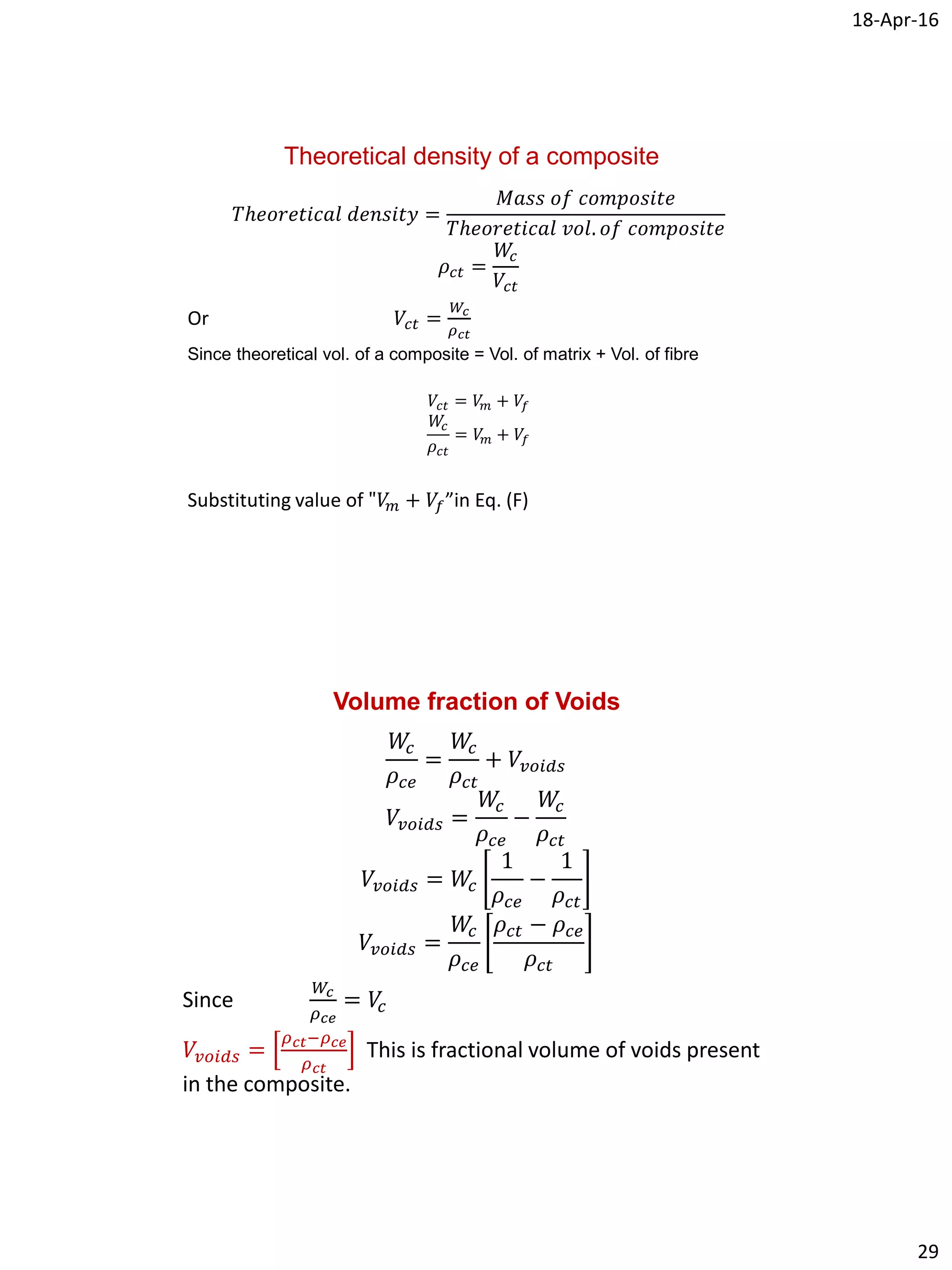 18-Apr-16
29
Theoretical density of a composite
𝑇ℎ𝑒𝑜𝑟𝑒𝑡𝑖𝑐𝑎𝑙 𝑑𝑒𝑛𝑠𝑖𝑡𝑦 =
𝑀𝑎𝑠𝑠 𝑜𝑓 𝑐𝑜𝑚𝑝𝑜𝑠𝑖𝑡𝑒
𝑇ℎ𝑒𝑜𝑟𝑒𝑡𝑖𝑐𝑎𝑙 𝑣𝑜𝑙. 𝑜𝑓 𝑐𝑜𝑚𝑝𝑜𝑠𝑖𝑡𝑒
𝜌 𝑐𝑡 =
𝑊𝑐
𝑉𝑐𝑡
Or 𝑉𝑐𝑡 =
𝑊𝑐
𝜌 𝑐𝑡
Since theoretical vol. of a composite = Vol. of matrix + Vol. of fibre
𝑉𝑐𝑡 = 𝑉𝑚 + 𝑉𝑓
𝑊𝑐
𝜌𝑐𝑡
= 𝑉𝑚 + 𝑉𝑓
Substituting value of "𝑉𝑚 + 𝑉𝑓”in Eq. (F)
Volume fraction of Voids
𝑊𝑐
𝜌 𝑐𝑒
=
𝑊𝑐
𝜌 𝑐𝑡
+ 𝑉𝑣𝑜𝑖𝑑𝑠
𝑉𝑣𝑜𝑖𝑑𝑠 =
𝑊𝑐
𝜌 𝑐𝑒
−
𝑊𝑐
𝜌 𝑐𝑡
𝑉𝑣𝑜𝑖𝑑𝑠 = 𝑊𝑐
1
𝜌 𝑐𝑒
−
1
𝜌 𝑐𝑡
𝑉𝑣𝑜𝑖𝑑𝑠 =
𝑊𝑐
𝜌 𝑐𝑒
𝜌 𝑐𝑡 − 𝜌 𝑐𝑒
𝜌 𝑐𝑡
Since
𝑊𝑐
𝜌 𝑐𝑒
= 𝑉𝑐
𝑉𝑣𝑜𝑖𝑑𝑠 =
𝜌 𝑐𝑡−𝜌 𝑐𝑒
𝜌 𝑐𝑡
This is fractional volume of voids present
in the composite.
 