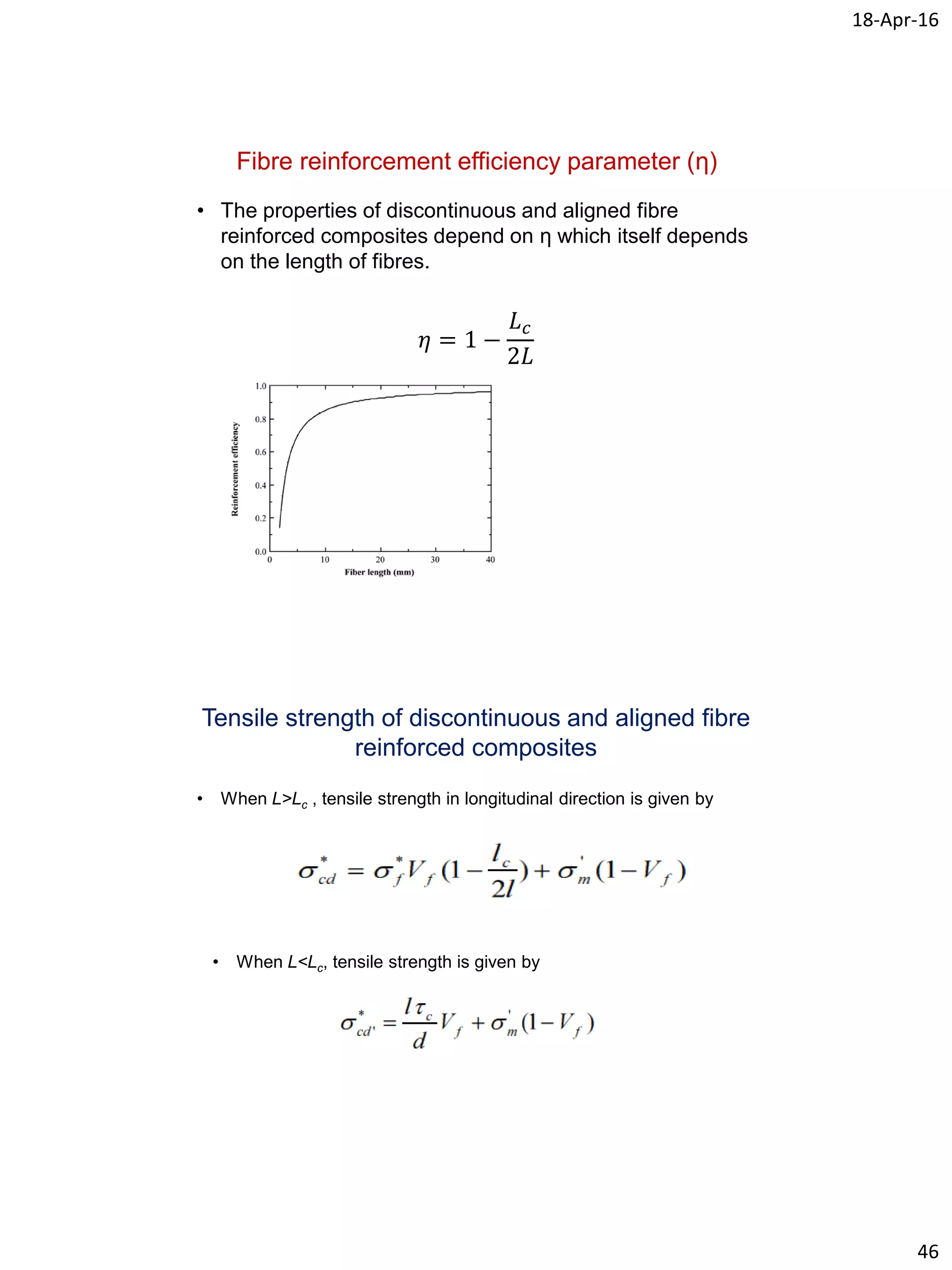 18-Apr-16
46
Fibre reinforcement efficiency parameter (η)
• The properties of discontinuous and aligned fibre
reinforced composites depend on η which itself depends
on the length of fibres.
𝜂 = 1 −
𝐿 𝑐
2𝐿
Tensile strength of discontinuous and aligned fibre
reinforced composites
• When L>Lc , tensile strength in longitudinal direction is given by
• When L<Lc, tensile strength is given by
 