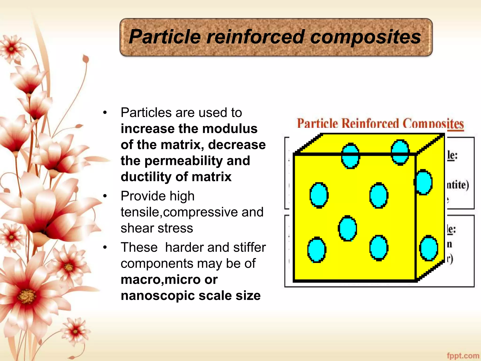 Particle reinforced composites
• Particles are used to
increase the modulus
of the matrix, decrease
the permeability and
ductility of matrix
• Provide high
tensile,compressive and
shear stress
• These harder and stiffer
components may be of
macro,micro or
nanoscopic scale size
 