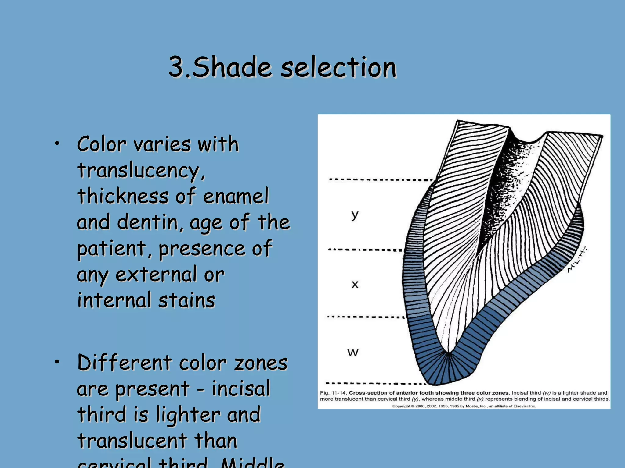 3.Shade selection Color varies with translucency, thickness of enamel and dentin, age of the patient, presence of any external or internal stains  Different color zones are present - incisal third is lighter and  translucent than cervical third. Middle third is blend of two  