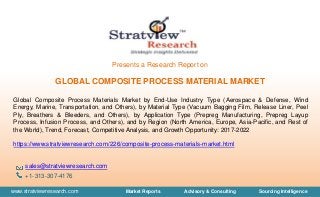 www.stratviewresearch.com Market Reports Advisory & Consulting Sourcing Intelligence
Presents a Research Report on
GLOBAL COMPOSITE PROCESS MATERIAL MARKET
Global Composite Process Materials Market by End-Use Industry Type (Aerospace & Defense, Wind
Energy, Marine, Transportation, and Others), by Material Type (Vacuum Bagging Film, Release Liner, Peel
Ply, Breathers & Bleeders, and Others), by Application Type (Prepreg Manufacturing, Prepreg Layup
Process, Infusion Process, and Others), and by Region (North America, Europe, Asia-Pacific, and Rest of
the World), Trend, Forecast, Competitive Analysis, and Growth Opportunity: 2017-2022
https://www.stratviewresearch.com/226/composite-process-materials-market.html
sales@stratviewresearch.com
+1-313-307-4176
 