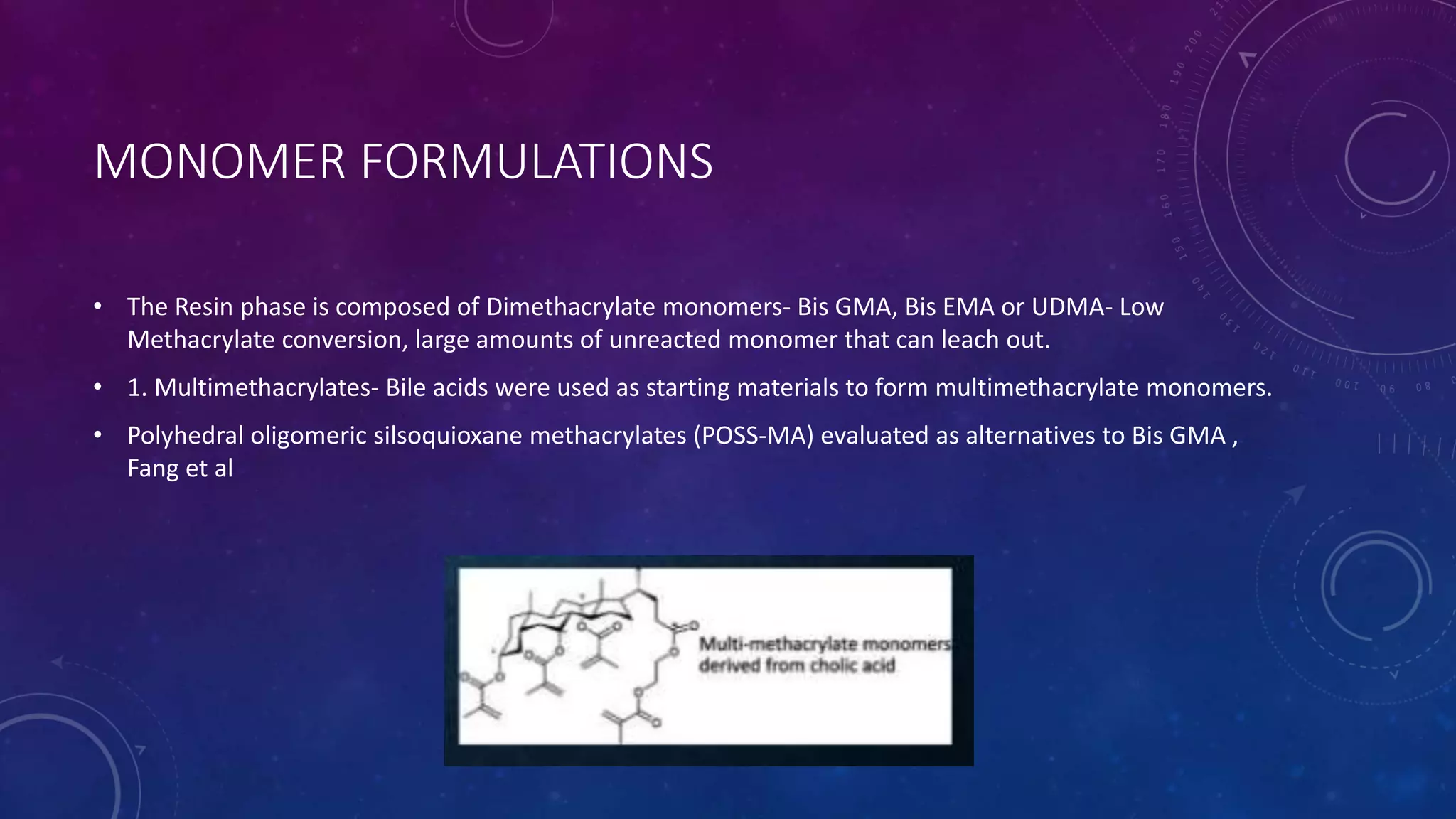 MONOMER FORMULATIONS
• The Resin phase is composed of Dimethacrylate monomers- Bis GMA, Bis EMA or UDMA- Low
Methacrylate conversion, large amounts of unreacted monomer that can leach out.
• 1. Multimethacrylates- Bile acids were used as starting materials to form multimethacrylate monomers.
• Polyhedral oligomeric silsoquioxane methacrylates (POSS-MA) evaluated as alternatives to Bis GMA ,
Fang et al
 