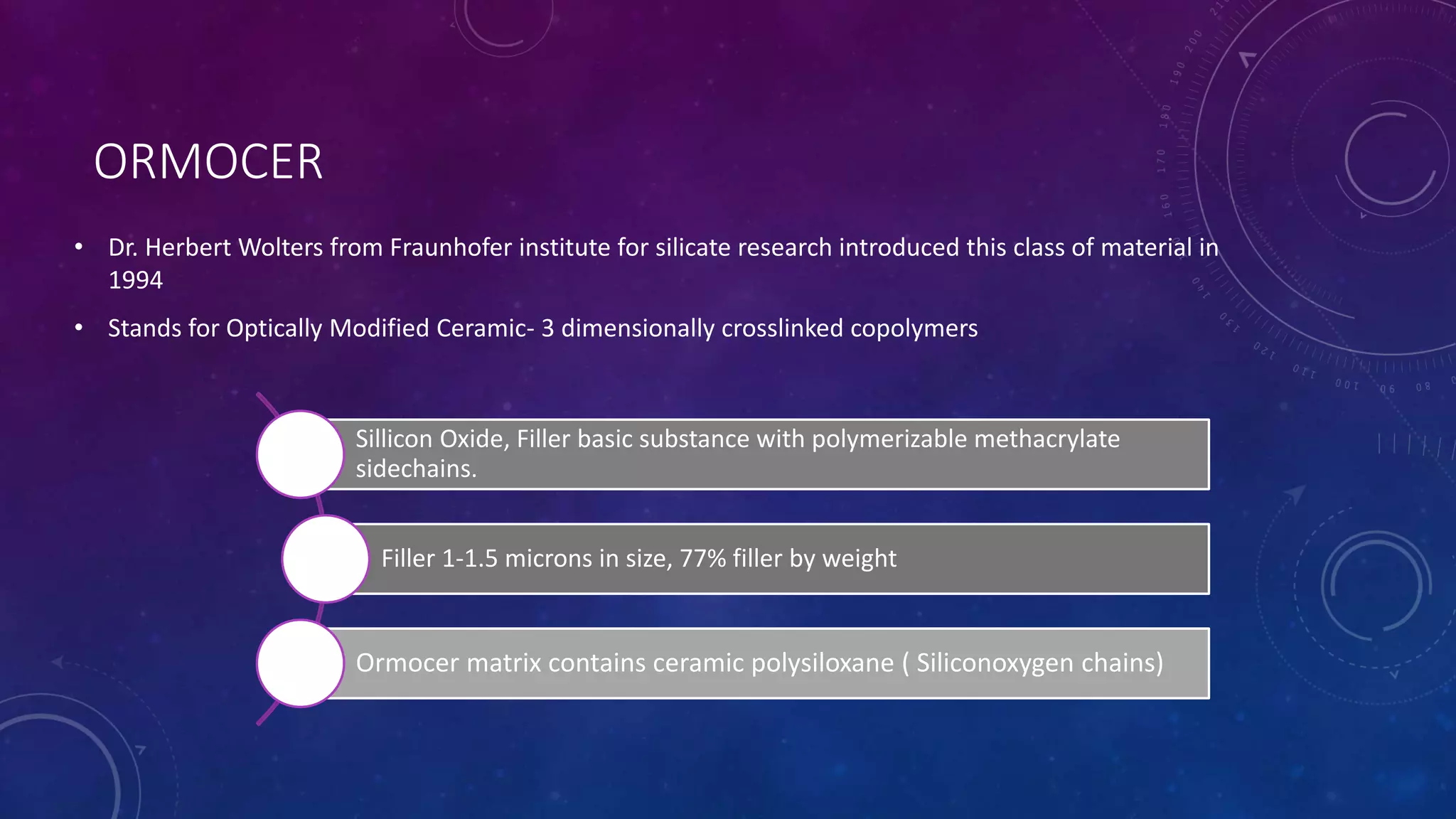 ORMOCER
• Dr. Herbert Wolters from Fraunhofer institute for silicate research introduced this class of material in
1994
• Stands for Optically Modified Ceramic- 3 dimensionally crosslinked copolymers
Sillicon Oxide, Filler basic substance with polymerizable methacrylate
sidechains.
Filler 1-1.5 microns in size, 77% filler by weight
Ormocer matrix contains ceramic polysiloxane ( Siliconoxygen chains)
 