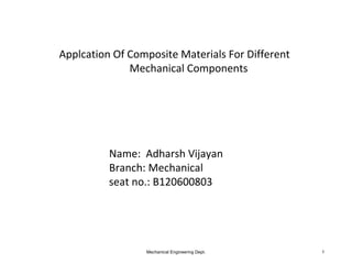 Mechanical Engineering Dept. 1
Applcation Of Composite Materials For Different
Mechanical Components
Name: Adharsh Vijayan
Branch: Mechanical
seat no.: B120600803
 