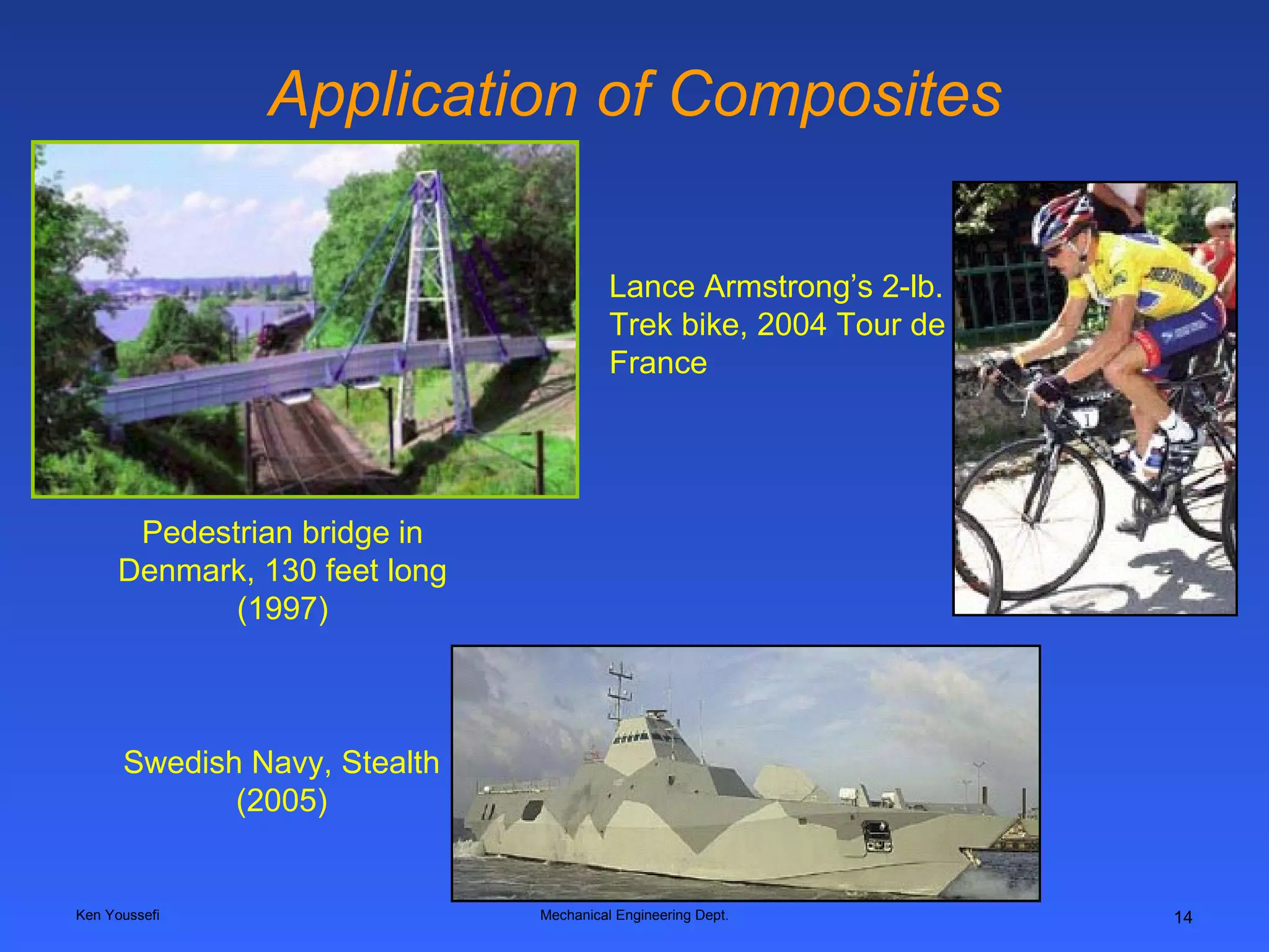 Application of Composites Ken Youssefi Mechanical Engineering Dept. Pedestrian bridge in Denmark, 130 feet long (1997) Swedish Navy, Stealth (2005) Lance Armstrong’s 2-lb. Trek bike, 2004 Tour de France  