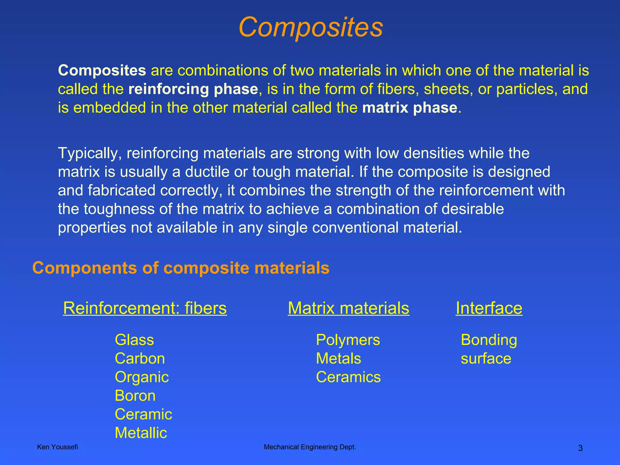 Composites Ken Youssefi Mechanical Engineering Dept. Composites  are combinations of two materials in which one of the material is called the  reinforcing phase , is in the form of fibers, sheets, or particles, and is embedded in the other material called the  matrix phase . Typically, reinforcing materials are strong with low densities while the matrix is usually a ductile or tough material. If the composite is designed and fabricated correctly, it combines the strength of the reinforcement with the toughness of the matrix to achieve a combination of desirable properties not available in any single conventional material. Components of composite materials Reinforcement: fibers Glass Carbon Organic Boron Ceramic Metallic Matrix materials Polymers Metals Ceramics Interface Bonding surface 