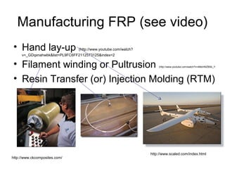 Manufacturing FRP (see video)
• Hand lay-up (http://www.youtube.com/watch?
v=_GDqxnahwbk&list=PL9FC6FF2112573125&index=2
• Filament winding or Pultrusion (http://www.youtube.com/watch?v=4MoHNZB5b_Y
• Resin Transfer (or) Injection Molding (RTM)
http://www.ckcomposites.com/
http://www.scaled.com/index.html
 