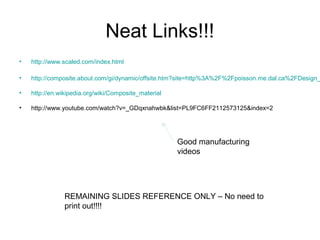 Neat Links!!!
• http://www.scaled.com/index.html
• http://composite.about.com/gi/dynamic/offsite.htm?site=http%3A%2F%2Fpoisson.me.dal.ca%2FDesign_
• http://en.wikipedia.org/wiki/Composite_material
• http://www.youtube.com/watch?v=_GDqxnahwbk&list=PL9FC6FF2112573125&index=2
REMAINING SLIDES REFERENCE ONLY – No need to
print out!!!!
Good manufacturing
videos
 