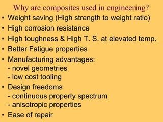 Why are composites used in engineering?
• Weight saving (High strength to weight ratio)
• High corrosion resistance
• High toughness & High T. S. at elevated temp.
• Better Fatigue properties
• Manufacturing advantages:
- novel geometries
- low cost tooling
• Design freedoms
- continuous property spectrum
- anisotropic properties
• Ease of repair
 