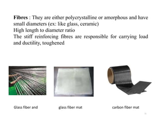 11
Fibres : They are either polycrystalline or amorphous and have
small diameters (ex: like glass, ceramic)
High length to diameter ratio
The stiff reinforcing fibres are responsible for carrying load
and ductility, toughened
Glass fiber and glass fiber mat carbon fiber mat
 