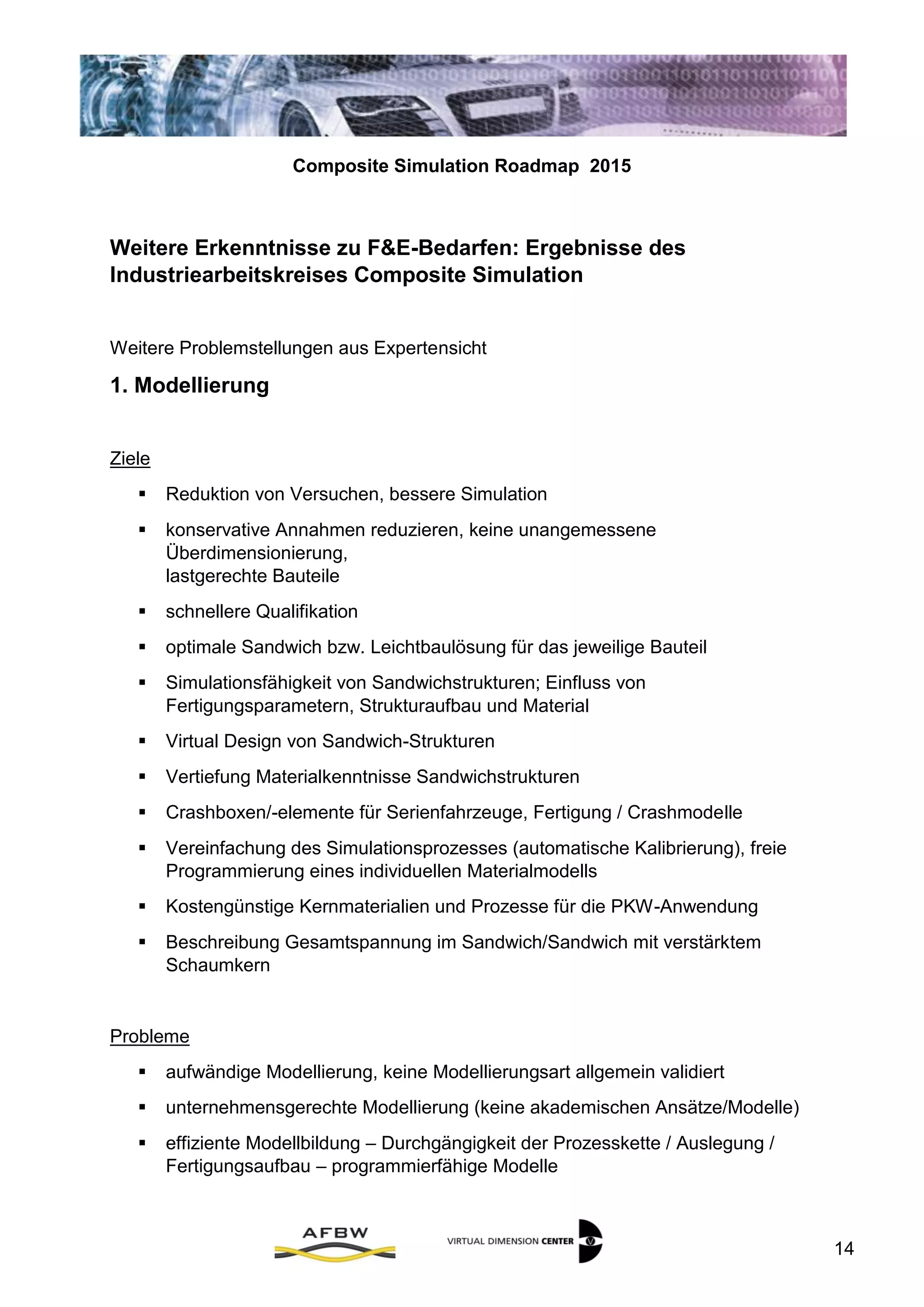 Composite Simulation Roadmap 2015
14
Weitere Erkenntnisse zu F&E-Bedarfen: Ergebnisse des
Industriearbeitskreises Composite Simulation
Weitere Problemstellungen aus Expertensicht
I. Modellierung
Ziele
 Reduktion von Versuchen, bessere Simulation
 konservative Annahmen reduzieren, keine unangemessene
Überdimensionierung,
lastgerechte Bauteile
 schnellere Qualifikation
 optimale Sandwich bzw. Leichtbaulösung für das jeweilige Bauteil
 Simulationsfähigkeit von Sandwichstrukturen; Einfluss von
Fertigungsparametern, Strukturaufbau und Material
 Virtual Design von Sandwich-Strukturen
 Vertiefung Materialkenntnisse Sandwichstrukturen
 Crashboxen/-elemente für Serienfahrzeuge, Fertigung / Crashmodelle
 Vereinfachung des Simulationsprozesses (automatische Kalibrierung), freie
Programmierung eines individuellen Materialmodells
 Kostengünstige Kernmaterialien und Prozesse für die PKW-Anwendung
 Beschreibung Gesamtspannung im Sandwich/Sandwich mit verstärktem
Schaumkern
Probleme
 aufwändige Modellierung, keine Modellierungsart allgemein validiert
 unternehmensgerechte Modellierung (keine akademischen Ansätze/Modelle)
 effiziente Modellbildung – Durchgängigkeit der Prozesskette / Auslegung /
Fertigungsaufbau – programmierfähige Modelle
 