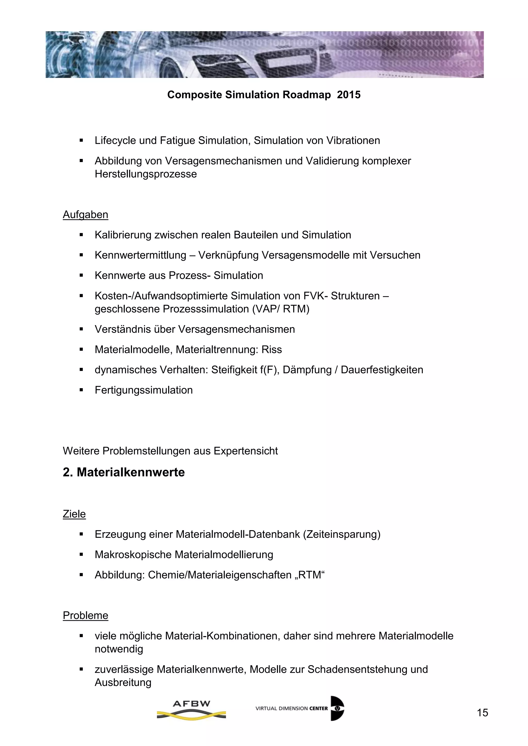 Composite Simulation Roadmap 2015
15
 Lifecycle und Fatigue Simulation, Simulation von Vibrationen
 Abbildung von Versagensmechanismen und Validierung komplexer
Herstellungsprozesse
Aufgaben
 Kalibrierung zwischen realen Bauteilen und Simulation
 Kennwertermittlung – Verknüpfung Versagensmodelle mit Versuchen
 Kennwerte aus Prozess- Simulation
 Kosten-/Aufwandsoptimierte Simulation von FVK- Strukturen –
geschlossene Prozesssimulation (VAP/ RTM)
 Verständnis über Versagensmechanismen
 Materialmodelle, Materialtrennung: Riss
 dynamisches Verhalten: Steifigkeit f(F), Dämpfung / Dauerfestigkeiten
 Fertigungssimulation
Weitere Problemstellungen aus Expertensicht
II. Materialkennwerte
Ziele
 Erzeugung einer Materialmodell-Datenbank (Zeiteinsparung)
 Makroskopische Materialmodellierung
 Abbildung: Chemie/Materialeigenschaften „RTM“
Probleme
 viele mögliche Material-Kombinationen, daher sind mehrere Materialmodelle
notwendig
 zuverlässige Materialkennwerte, Modelle zur Schadensentstehung und
Ausbreitung
 
