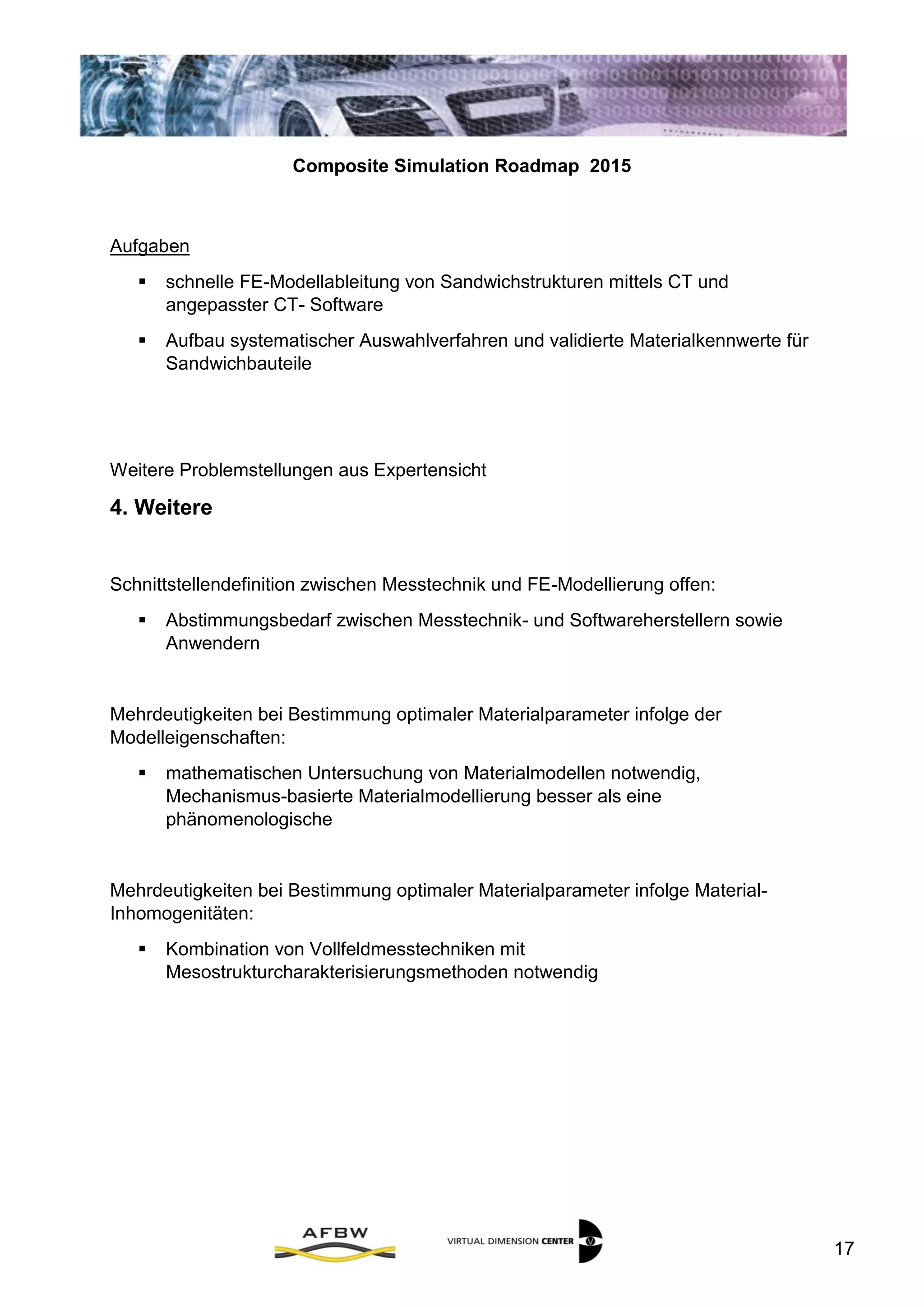 Composite Simulation Roadmap 2015
17
Aufgaben
 schnelle FE-Modellableitung von Sandwichstrukturen mittels CT und
angepasster CT- Software
 Aufbau systematischer Auswahlverfahren und validierte Materialkennwerte für
Sandwichbauteile
Weitere Problemstellungen aus Expertensicht
IV. Weitere
Schnittstellendefinition zwischen Messtechnik und FE-Modellierung offen:
 Abstimmungsbedarf zwischen Messtechnik- und Softwareherstellern sowie
Anwendern
Mehrdeutigkeiten bei Bestimmung optimaler Materialparameter infolge der
Modelleigenschaften:
 mathematischen Untersuchung von Materialmodellen notwendig,
Mechanismus-basierte Materialmodellierung besser als eine
phänomenologische
Mehrdeutigkeiten bei Bestimmung optimaler Materialparameter infolge Material-
Inhomogenitäten:
 Kombination von Vollfeldmesstechniken mit
Mesostrukturcharakterisierungsmethoden notwendig
 