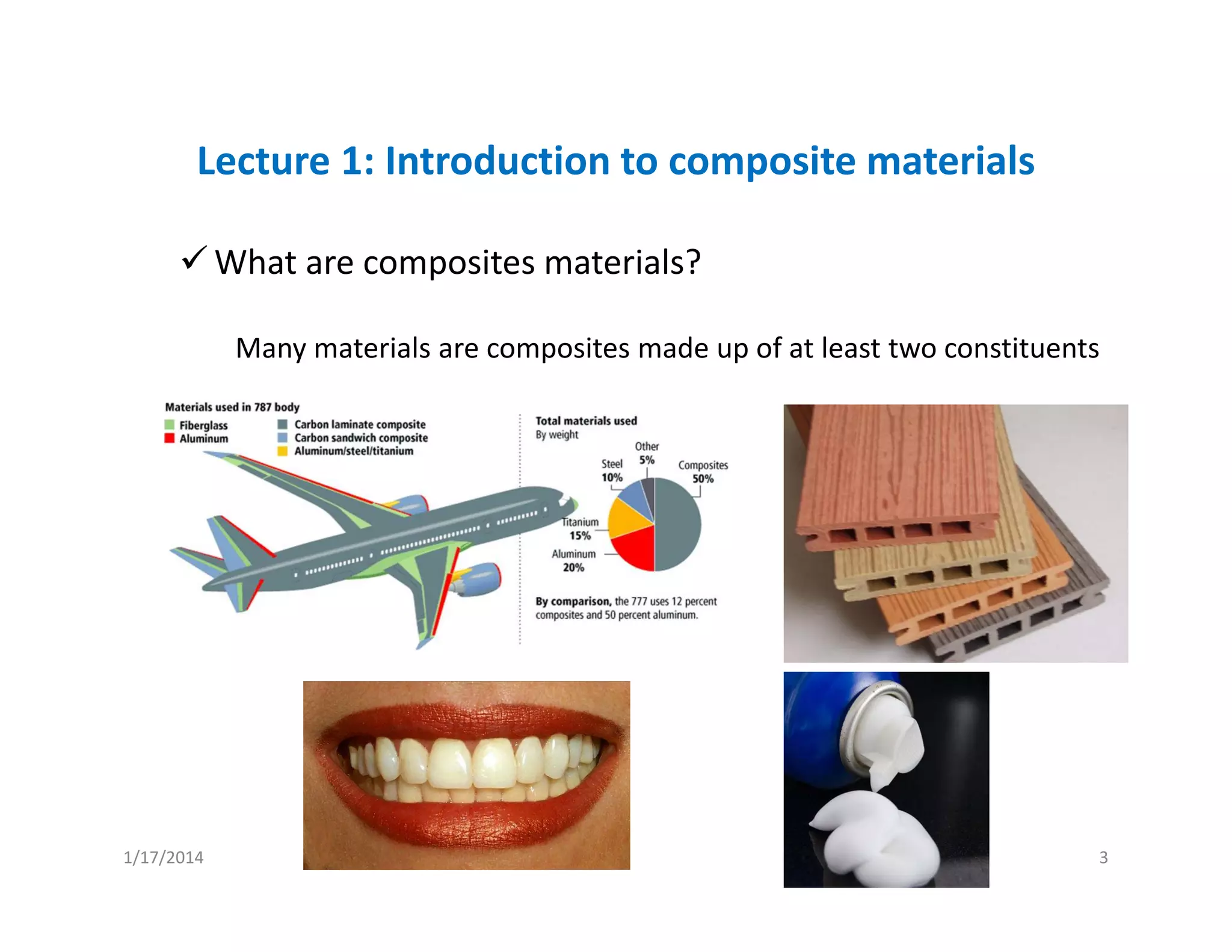 Lecture 1: Introduction to composite materials
What are composites materials?
Many materials are composites made up of at least two constituents
1/17/2014 3
 