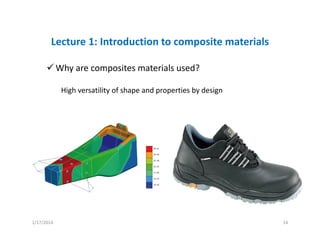 Lecture 1: Introduction to composite materials
Why are composites materials used?
High versatility of shape and properties by design
1/17/2014 14
 