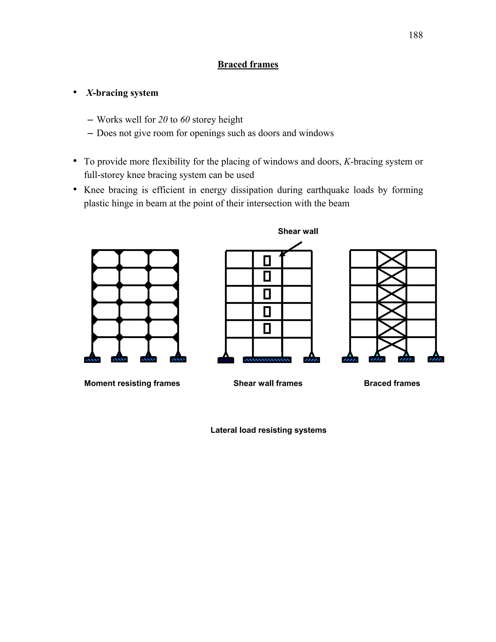 188
Braced frames
• X-bracing system
– Works well for 20 to 60 storey height
– Does not give room for openings such as doors and windows
• To provide more flexibility for the placing of windows and doors, K-bracing system or
full-storey knee bracing system can be used
• Knee bracing is efficient in energy dissipation during earthquake loads by forming
plastic hinge in beam at the point of their intersection with the beam
Moment resisting frames
Lateral load resisting systems
Braced frames
Shear wall frames
Shear wall
 