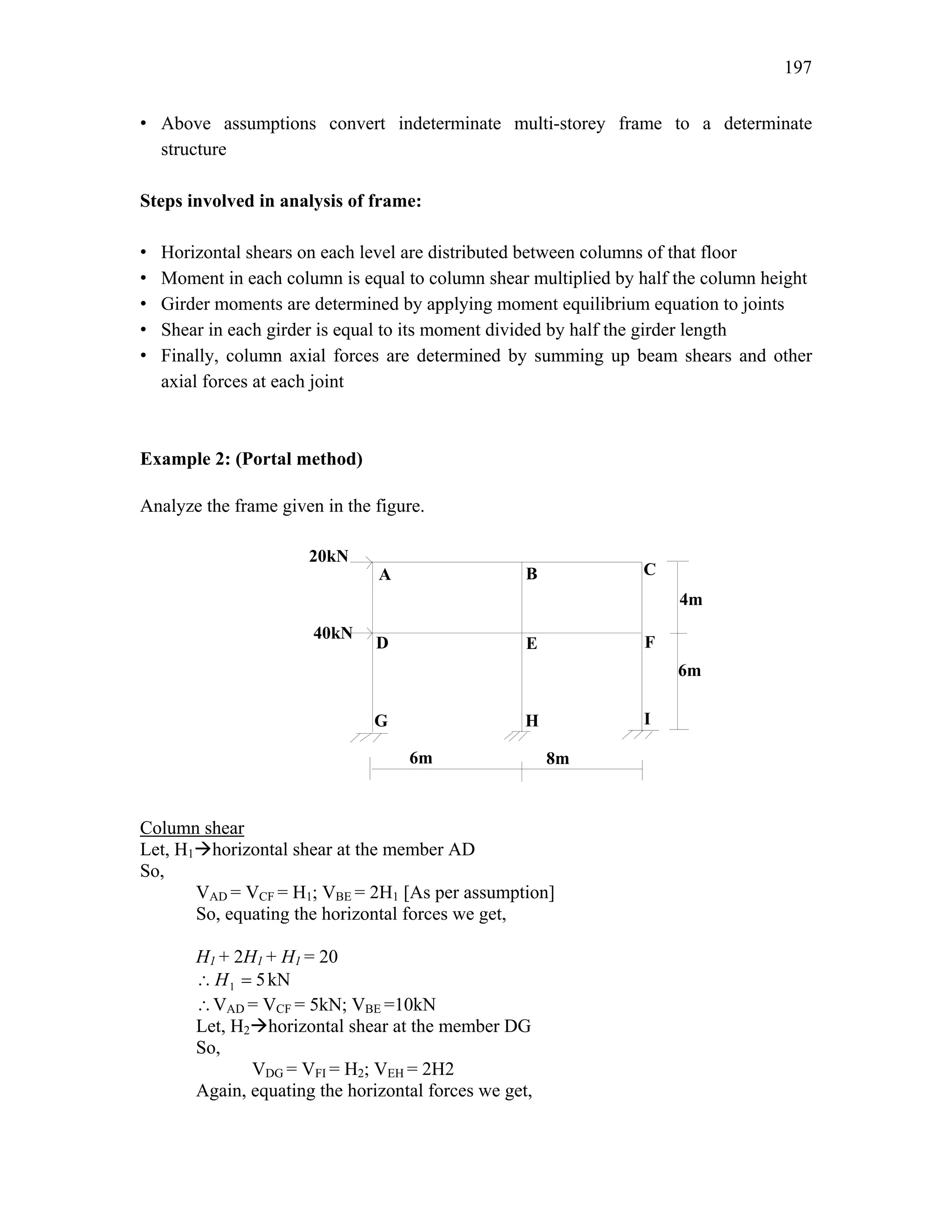 197
A B C
D E F
G H I
4m
6m
6m 8m
20kN
40kN
• Above assumptions convert indeterminate multi-storey frame to a determinate
structure
Steps involved in analysis of frame:
• Horizontal shears on each level are distributed between columns of that floor
• Moment in each column is equal to column shear multiplied by half the column height
• Girder moments are determined by applying moment equilibrium equation to joints
• Shear in each girder is equal to its moment divided by half the girder length
• Finally, column axial forces are determined by summing up beam shears and other
axial forces at each joint
Example 2: (Portal method)
Analyze the frame given in the figure.
Column shear
Let, H1Æhorizontal shear at the member AD
So,
VAD = VCF = H1; VBE = 2H1 [As per assumption]
So, equating the horizontal forces we get,
H1 + 2H1 + H1 = 20
5
1 =
∴ H kN
∴VAD = VCF = 5kN; VBE =10kN
Let, H2Æhorizontal shear at the member DG
So,
VDG = VFI = H2; VEH = 2H2
Again, equating the horizontal forces we get,
 