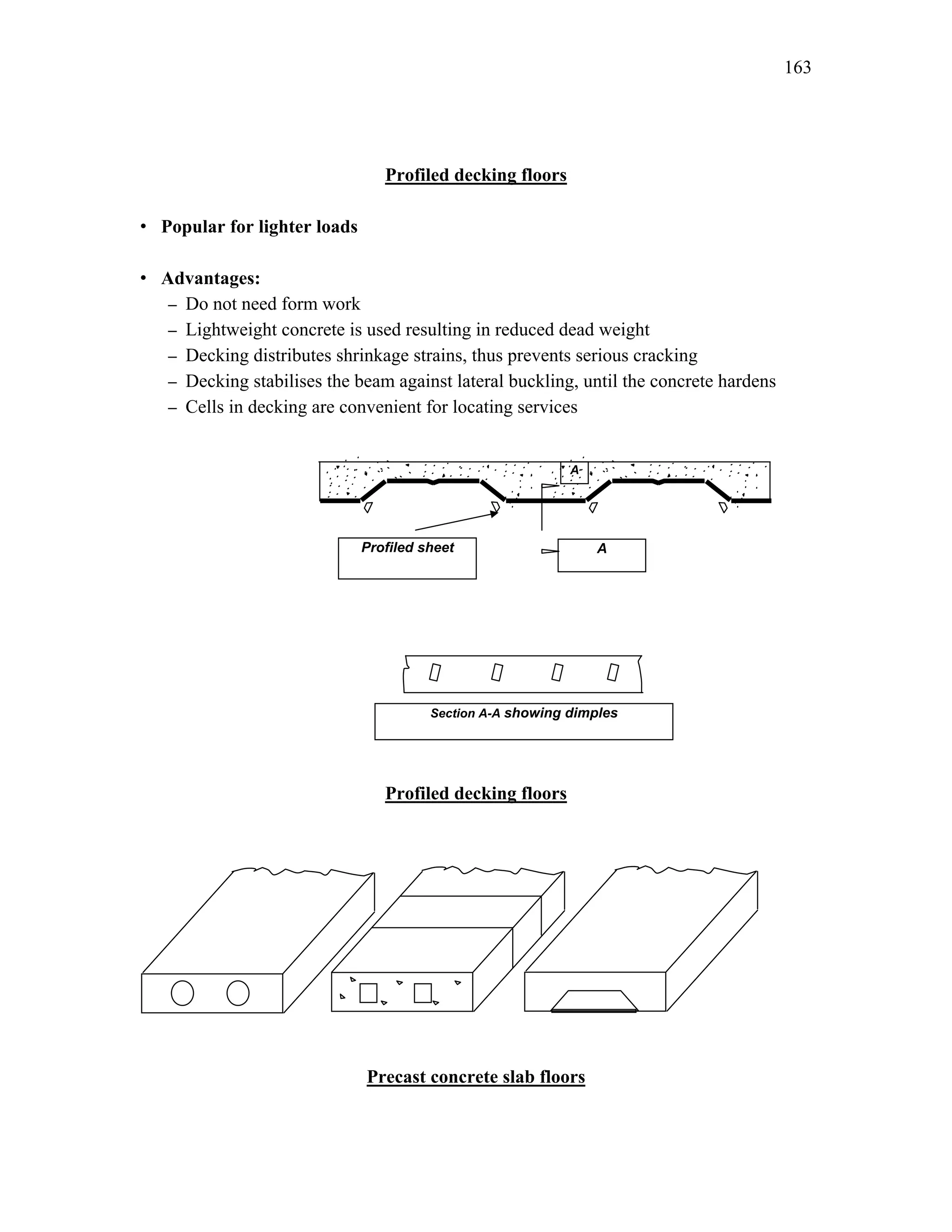 163
Profiled decking floors
• Popular for lighter loads
• Advantages:
– Do not need form work
– Lightweight concrete is used resulting in reduced dead weight
– Decking distributes shrinkage strains, thus prevents serious cracking
– Decking stabilises the beam against lateral buckling, until the concrete hardens
– Cells in decking are convenient for locating services
Profiled decking floors
Precast concrete slab floors
Section A-A showing dimples
A
A
Profiled sheet
 