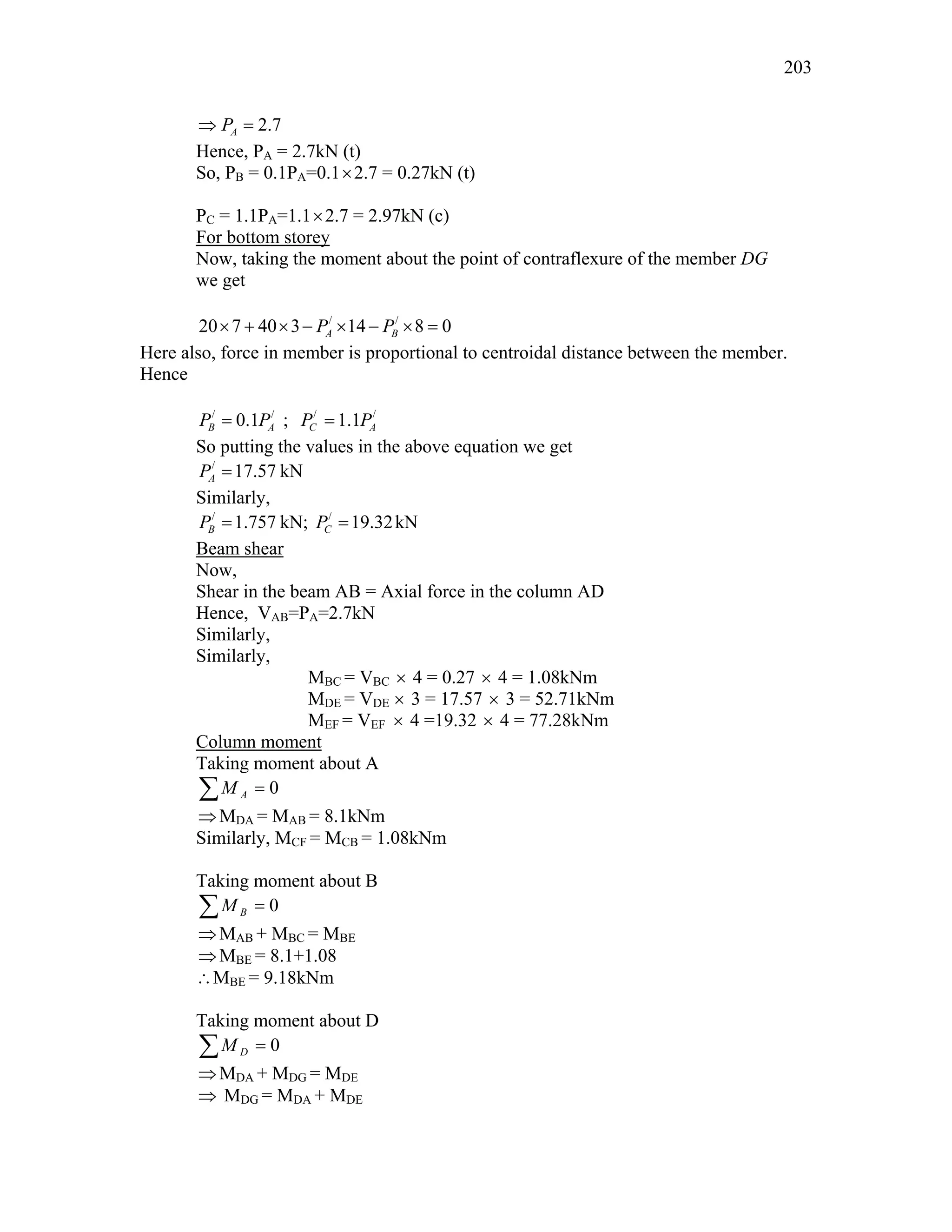 203
2.7
A
P
⇒ =
Hence, PA = 2.7kN (t)
So, PB = 0.1PA=0.1×2.7 = 0.27kN (t)
PC = 1.1PA=1.1×2.7 = 2.97kN (c)
For bottom storey
Now, taking the moment about the point of contraflexure of the member DG
we get
/ /
20 7 40 3 14 8 0
A B
P P
× + × − × − × =
Here also, force in member is proportional to centroidal distance between the member.
Hence
/ /
0.1
B A
P P
= ; / /
1.1
C A
P P
=
So putting the values in the above equation we get
/
17.57
A
P = kN
Similarly,
/
1.757
B
P = kN; /
19.32
C
P = kN
Beam shear
Now,
Shear in the beam AB = Axial force in the column AD
Hence, VAB=PA=2.7kN
Similarly,
Similarly,
MBC = VBC × 4 = 0.27 × 4 = 1.08kNm
MDE = VDE × 3 = 17.57 × 3 = 52.71kNm
MEF = VEF × 4 =19.32 × 4 = 77.28kNm
Column moment
Taking moment about A
0
=
∑ A
M
⇒MDA = MAB = 8.1kNm
Similarly, MCF = MCB = 1.08kNm
Taking moment about B
0
=
∑ B
M
⇒MAB + MBC = MBE
⇒MBE = 8.1+1.08
∴MBE = 9.18kNm
Taking moment about D
0
=
∑ D
M
⇒MDA + MDG = MDE
⇒ MDG = MDA + MDE
 