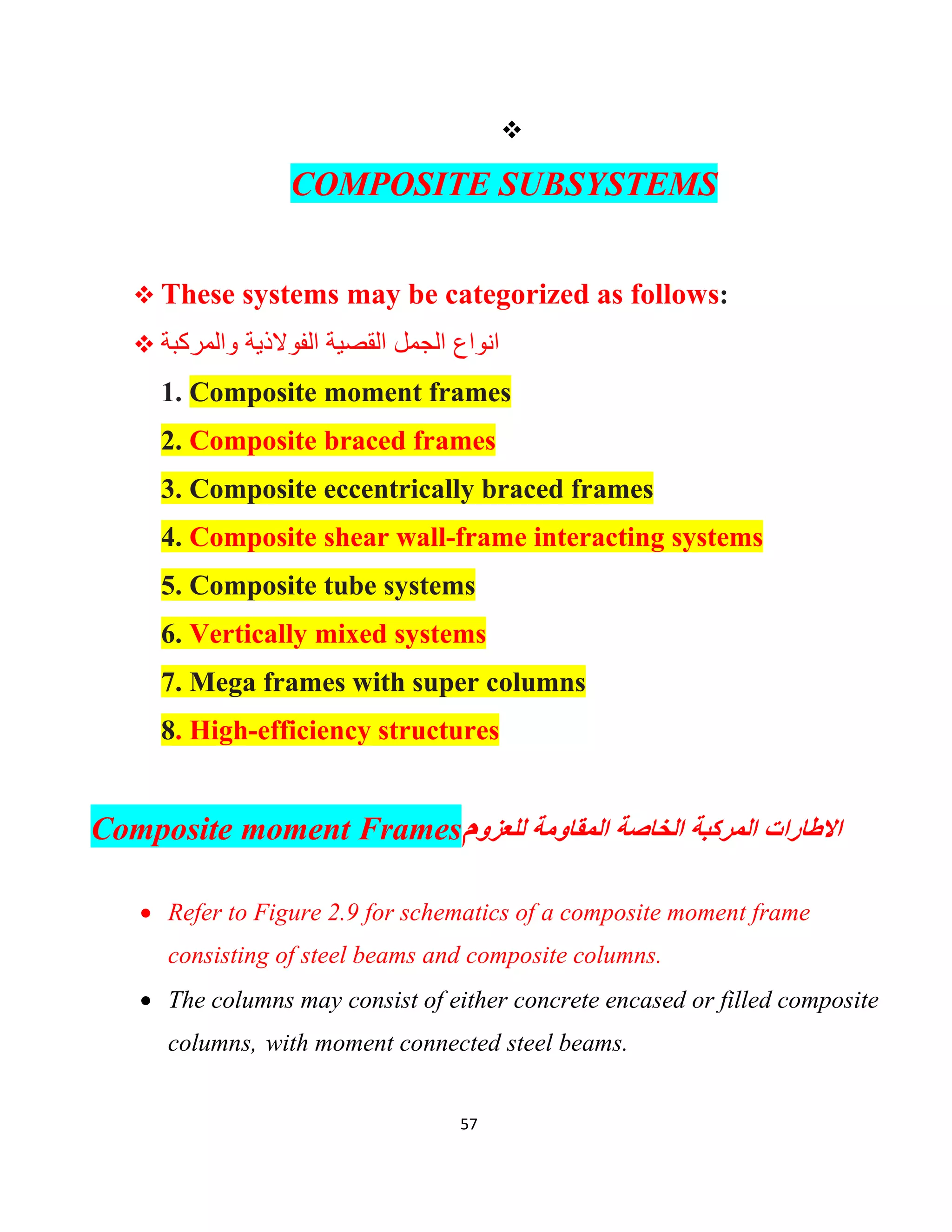 57

COMPOSITE SUBSYSTEMS
 These systems may be categorized as follows:
 ‫واﻟﻣرﻛﺑﺔ‬ ‫اﻟﻔوﻻذﯾﺔ‬ ‫اﻟﻘﺻﯾﺔ‬ ‫اﻟﺟﻣل‬ ‫اﻧواع‬
1. Composite moment frames
2. Composite braced frames
3. Composite eccentrically braced frames
4. Composite shear wall-frame interacting systems
5. Composite tube systems
6. Vertically mixed systems
7. Mega frames with super columns
8. High-efficiency structures
Composite moment Frames‫م‬‫ﻟﻠﻌزو‬ ‫اﻟﻣﻘﺎوﻣﺔ‬ ‫اﻟﺧﺎﺻﺔ‬ ‫اﻟﻣرﻛﺑﺔ‬ ‫اﻻطﺎرات‬
 Refer to Figure 2.9 for schematics of a composite moment frame
consisting of steel beams and composite columns.
 The columns may consist of either concrete encased or filled composite
columns, with moment connected steel beams.
 