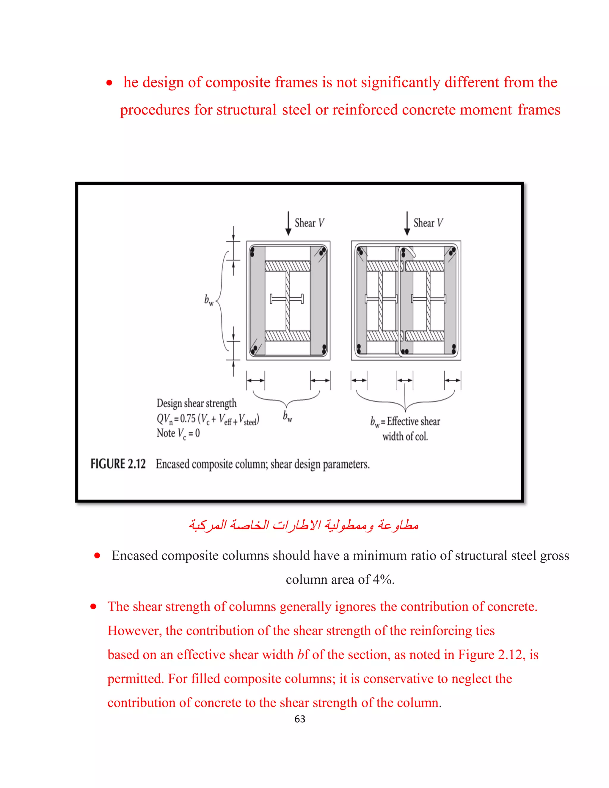 63
 he design of composite frames is not significantly different from the
procedures for structural steel or reinforced concrete moment frames
‫اﻻط‬ ‫وﻣﻣطوﻟﯾﺔ‬ ‫ﻣطﺎوﻋﺔ‬‫ﺎ‬‫اﻟﻣرﻛﺑﺔ‬ ‫اﻟﺧﺎﺻﺔ‬ ‫رات‬
 Encased composite columns should have a minimum ratio of structural steel gross
column area of 4%.
 The shear strength of columns generally ignores the contribution of concrete.
However, the contribution of the shear strength of the reinforcing ties
based on an effective shear width bf of the section, as noted in Figure 2.12, is
permitted. For filled composite columns; it is conservative to neglect the
contribution of concrete to the shear strength of the column.
 