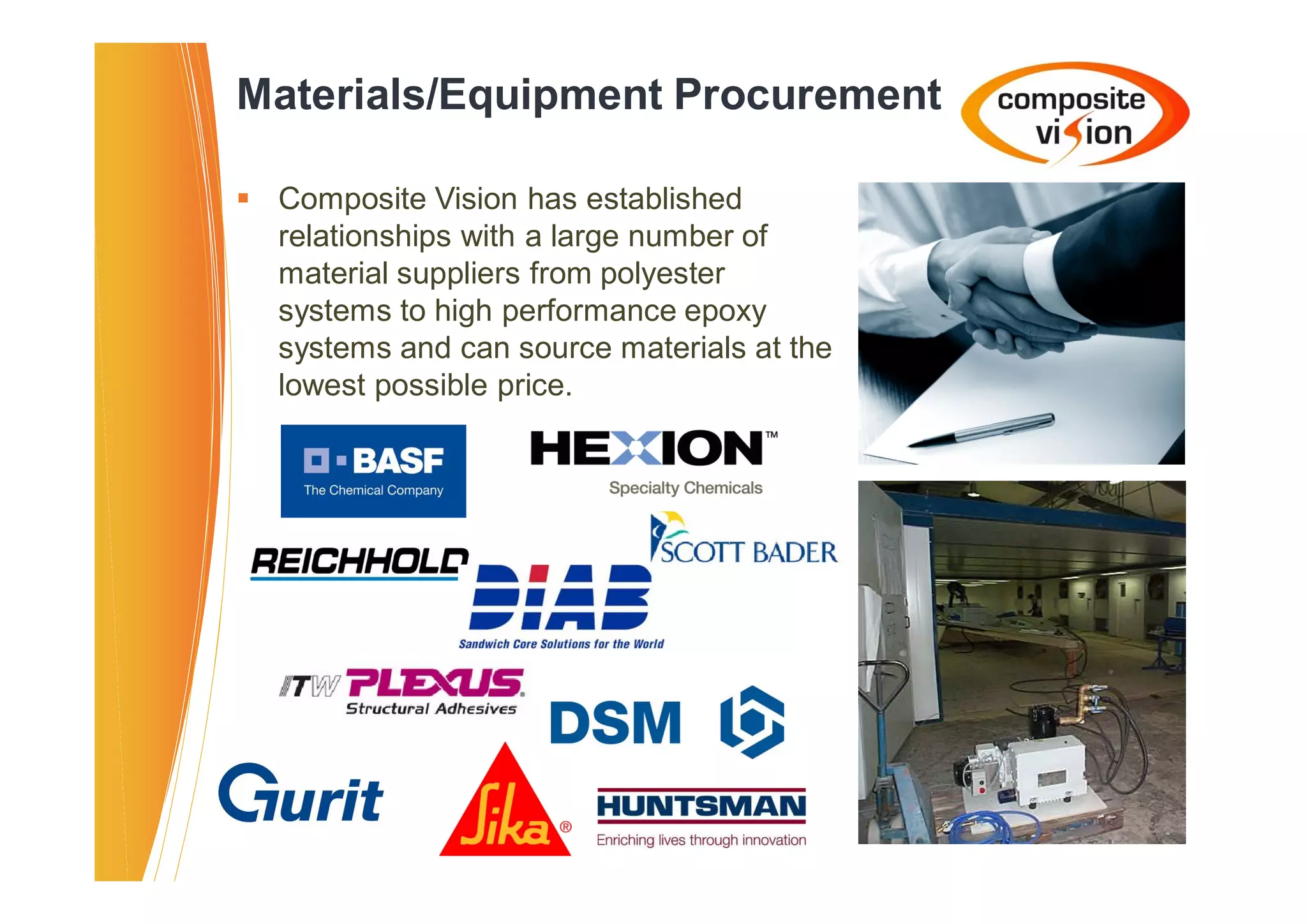 Materials/Equipment Procurement

� Composite Vision has established
  relationships with a large number of
  material suppliers from polyester
  systems to high performance epoxy
  systems and can source materials at the
  lowest possible price.
 