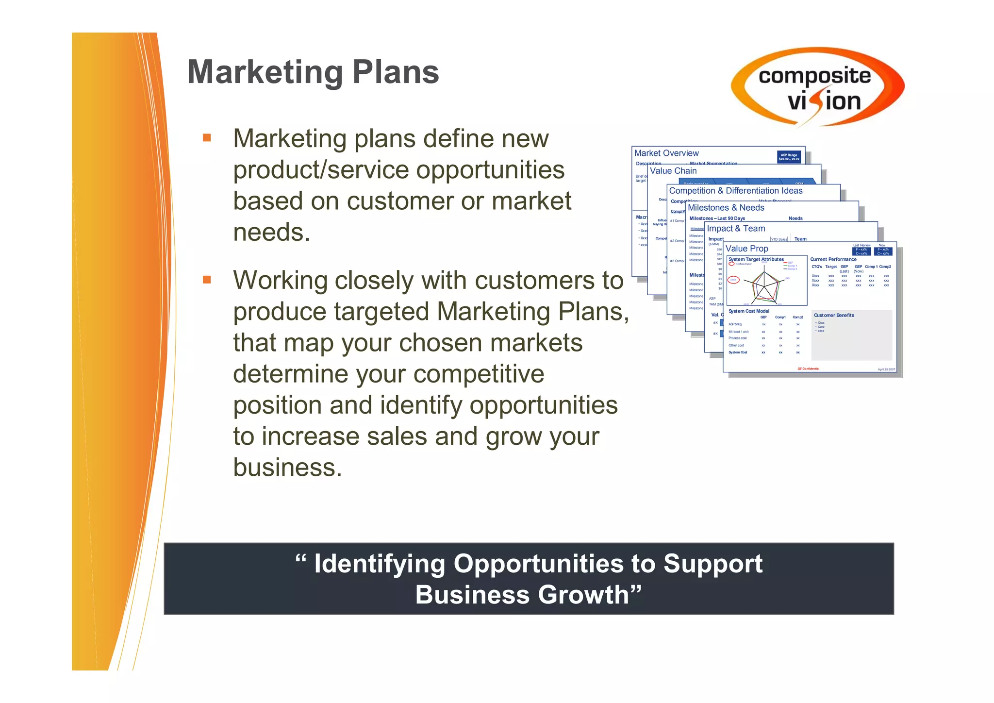 Marketing Plans
� Marketing plans define new            Market Overview                                                                                                        ASP Range
                                           Market Overview Segmentation                                                                                       $xx.xx – xx.xx
                                                                                                                                                                   ASP Range



  product/service opportunities         Description
                                            Description
                                                                     Market
                                                  Value ChainMarket Segmentation
                                                     Value Chain
                                        Brief description of the
                                                                                 ($MM TAM)

                                                                                 100%
                                                                                      ($MM TAM)
                                                                                                                                                                 $xx.xx – xx.xx




                                                                                                                                                             3
                                                                                               5              4             4                4
                                        target segment
                                            Brief description of the                                                                                         7
                                                                                   100%                                                     12




                                                                                                                                                                  3
                                                                            Resin supplier          5         xxx
                                                                                                             22
                                                                                                                  4
                                                                                                                            17   4
                                                                                                                                                  xxx
                                                                                                                                                    4
                                                                                                                                                                             OEM
                                           target segment                                      25                                                        1   10   7

                                                                Competition & Differentiation Ideas
                                                                                     80
                                                                        Resin supplier           xxx         xxx  22      OEM    17
                                                                                                                                            17
                                                                                                                                                   12
                                                                                                                                                             5




  based on customer or market
                                                                                                    25                                                       1    10

                                                                  Competition & Differentiation Ideas
                                                                                          80                                23                     17             5




                                                                                                                                             2
                                                        Description      • xxx                       • xxx                       • xx                        21 • xxx
                                                                Competition          60                  Value Proposal
                                                                                                             32         1        23




                                                                                                                                                   2
                                                             Description • xxx                           • xxx                          • xx 21                   21 • xxx




                                                                                                                            3
                                                                        Milestones Weaknesses Value Proposal
                                                                  Competition             60   37
                                                                                                 & Needs 1
                                                                                                                  32        1
                                                                                                                                                   21                        <=12"




                                                                                                                                 3
                                                                                                                            16
                                                                Comp/Product       Strengt hs /
                                                                           Milestones Weaknesses    & Needs
                                                                                                    37




                                                                                                             3
                                                                                     40                                                                                 14"
                                                                                                                                         • Describe Your Initial Ideas on a Differentiated
                                                                                                             1
                                        Macro Trends              Comp/ Product           8            16
                                                                                                                                                                        15" <=12"
                                                                         Milestones – Last 90/Days
                                                                                       St rengths                     Needs                Value Prop 47




                                                                                               3




                                                                                                                  3
                                                                           40 5                                                                                              14"
                                                                                                                                              • Describe Your Initial Ideas on a Differentiated
                                                   Influence on N/AProduct
                                                           #1 Comp/           +Strength Med or 8
                                                                                   Low,        High    Low,                          Med or High                        12"W
                                                                                                                                                           Low, Med or High
                                            Macro Trends                                                                                 40                                  15"




  needs.
                                                                         Milestones – Last 90 Days                                              Value Prop 47           Needs




                                                                                                    3
                                         • Xxxx buying decision         20    +Strength 26
                                                          Influence on N/AProduct 5                 33                                   • Describe Your Initial Ideas on a Differentiated
                                                                                                                                                                        13"W
                                                                                                                                                                             12"W
                                             • Xxxx
                                         • Xxxx
                                                                   #1 Comp/
                                                       buying decision        Milestone -22
                                                                                    20         Impact & Team
                                                                                               +Strength
                                                                                           Weakness MedOwner
                                                                                                     Low,
                                                                                               +Strength 26
                                                                                                               or High             Low, Med40Status
                                                                                                                                           Value High
                                                                                                                                                or Prop         Low, Med or High
                                                                                                                                                                        14"W
                                                                                                                              33 Timing • Describe Your • AreaIdeas on a Differentiated Remove
                                                                                                                                                                  Initial Where Help Is Needed to
                                                                                                                                                                        15"W 13"W

                                             • Xxxx
                                         • Xxxx
                                                                      • Xxx
                                                      Competencies • Xxx Xxx
                                                                          •
                                                                             Milestone
                                                                                  0
                                                                                          4
                                                                                                Impact & Team
                                                                                         - Weakness
                                                                                  Milestone -22 Xxx 5
                                                                                                 •
                                                                                        Q2'05- 4Weakness 5
                                                                                                 • Xxx Xxx
                                                                                                     • Q3'
                                                                                                                                    Month
                                                                                                                                                Value Prop
                                                                                                                                                   Status
                                                                                                                                 incl. Industry design,
                                                                                                                                                         5 •
                                                                                                                                           Value Prop • CloseProcess
                                                                                                                                   • System design,   Q2'06 5
                                                                                                                                                    YTD
                                                                                                                                                                     analysis
                                                                                                                                                                        >=17"14"W
                                                                                                 Weakness Name 4 • System•integration,StatusTrend Ideas on aor Accelerator the Assessment
                                                                                                                   Owner                  4Describe Your Initial
                                                                                                                                        Timing                      Barriers in Differentiated
                                                                                                                                                                       • Area Where Help Is Needed to R
                                                                                                                                                                        Team
                                                                                                                                                                             15"W
                                                                                            Impact 05 Name Q4'05 4 Mechanical•integration,Sales• InitialBarriers inaor Accelerator the Assessment
                                                                                                                                                                     to market on Differentiated
                                                                                                                                        Q1'06 4Describe Your Trend analysis
                                                                                                                                                                          Ideas
                                                                                                                                                                                                                 emove
                                                               #2 Comp/ Product
                                                                             Milestone +Strength
                                                                                 Milestone                       Name               MonthMonth Status  Status                >=17"
                                             • Xxxx      Competencies • Xxx
                                                                      • Xxx           0          • Xxx                           Mass production design, • CloseProcess
                                                                                                                                      incl. Industry $MM
                                                                                                                                                Value Prop Sales to market
                                         • xxxx                                             ($ MM) • Xxx Q3'05
                                                                                                 Impact Name Q4'05 Mechanical design,Q2'06• IncludeTeam
                                                                   #2 Comp/Milestone +Strength
                                                                              Product         Q2'05
                                                                                               +Strength Name                    services Q   1'06      YTD                   Key Decisions and Consequences Last Review                      Now
                                             • xxxx
                                                                      • xxx Xxx Milestone
                                                                          •                      • xxx Xxx
                                                                                         - Weakness  •
                                                                                                 ($$16
                                                                                                    MM)
                                                                                               +Strength
                                                                                      Insight s • xxx
                                                                                                              Value Prop              EURMonth Status
                                                                                                                 PAC AMR Month production $MM
                                                                                                                                      Mass
                                                                                                                                      services
                                                                                                                                                       Status                 Global Marketing                 GPC & Technology
                                                                                                                                                                  • Xxx Include Key Decisions and Consequences Last R
                                                                                                                                                                       •                                                    F – xx% eview F – xx%Now
                                                           Relative
                                                                             Milestone   - Weakness
                                                                                      - Xxxxx
                                                                                           Insights
                                                                                                   $14 $16
                                                                                 Milestone - Weakness High
                                                                                                               Value Prop
                                                                          • xxx Milestone - Weakness Name PAC AMR Month Status
                                                                                                                 Name               Month  EUR         Status
                                                                                                                                                                  • Xxx Xxx Name
                                                                                                                                        Potential Customer Benefits
                                                                             Milestone +Strength $14 System TargetMonth Status Low, Med or High• Name
                                                                                                   $12           Name Low, Month High      Attributes  Status
                                                                                                                                                                       • •
                                                                                                                                                                                  Global Marketing
                                                                                                                                                                           • Name Current Performance C – xx%
                                                                                                                                                                                                              GPC
                                                                                                                                                                                                              • Name
                                                                                                                                                                                                                     GPC &C – xx%
                                                                                                                                                                                                                              Technology C – xx%
                                                                                                                                                                                                                                F – xx%         F – xx%
                                                                                                                                                                                                                                                C – xx%
                                                               #3 Comp/ Product High- xxxx Low, Med orName
                                                                 CM Low, Med or            - Xxxxx
                                                                                                                                    Med or
                                                                                                                                           xxxx                                                                    GPC
                                                               Relative                            $10                                                            • Xxx Xxx Name
                                                                                                                                                                  GEP • •
                                                                                                                                             Potential Customer Benefits                                      • Name
                                                                    CM Low, Med or
                                                                                         +Strength $12          System Target or High Status Low, Med or High CTQ’s Target • GEPName
                                                                                                                 = Differentiator
                                                                   #3 Comp/ Product High- xxxx Low, Med or Name • xxx
                                                                                 Milestone +Strength              High                   Med Attributes
                                                                                                                                   Low, • Xxxx
                                                                                                                                         Month             • xxx Comp 1         • NameCurrent Performance Comp 1 Comp2
                                                                                                                                                                                                                   •
                                                                                                                                                                                                                 Name GEP




� Working closely with customers to
                                                                                                 • xxx                                          xxxx
                                                            How to                       - Weakness$10
                                                                                                    $8                 = Differentiator • Xxxx                         GEP
                                                                                                                                                                  Comp Xxx • Name
                                                                                                                                                                       •
                                                                                                                                                                  • Xxx 2                                          • Name
                                                                                               +Strength                                      • Xxxx
                                                          Influence to
                                                                How                      - Weakness  • xxx
                                                                                         GE Confidential
                                                                                                    $6 $8
                                                                                                                                   • xxx• xxxx                  • xxx Comp 1 IP Attorney
                                                                                                                                                                 April 25 2007             CTQ’s Target • GEP (Now)
                                                                                                                                                                                                               (Last)
                                                                                                                                                                                                                       Name GEP Comp 1 Comp2
                                                              Influence
                                                                             Milestones – Next 90 Days
                                                                                               - Weakness                                     • Xxxx
                                                                                                                                                               xxx
                                                                                                                                                                  • xxx Xxx 2
                                                                                                                                                                       •
                                                                                                                                                                       Comp
                                                                                                                                                                                       Xxxx          xxx Technologyxxx
                                                                                                                                                                                                                 xxx(Last) (Now)xxx             xxx
                                                                                               - Weakness xxxx
                                                                                               GE Confidential                                • xxxx                  April•25 2007 IP Attorneyxxx
                                                                                 Milestones$4 Next 90 Days
                                                                                                     – $6                                                              • xxx Name Xxxx     Xxxx               • Name
                                                                                                                                                                                                          xxx xxxxxx xxxxxx xxxxxx xxxxxx
                                                                                                                                                                                                                   Technology
                                                                             Milestone              $2 $4 Name                      Month          Status            xxx                                      • Name
                                                                                                                  xxxx                                                          • Name Xxxx xxxxxx xxxxxx xxxxxx xxxxxx xxxxxx
                                                                                                                                                                                       Xxxx                        • Name
                                                                                                    $0 $2                                                                                                     • Name
                                                                                 Milestone
                                                                             Milestone                       NameName               MonthMonth Status  Status                         FieldXxxx           xxx • xxx    Name xxx            xxx       xxx
                                                                                                       GE Confidential Y2                                                      April 25 2007
                                                                                 Milestone               $0 Y1 Name                        Y3
                                                                                                                                         Month Status  Status                             Field
                                                                                                                                                                                                                   • Name
                                                                             Milestone                       Name
                                                                                                           GE Confidential          Month                                  • Name 25 2007
                                                                                                                                                                                   April
                                                                                             ASP           $x.xx Y1 $xx.xxY2 $xx.xx Y3
                                                                                 Milestone
                                                                             Milestone                       NameName               MonthMonth Status  Status              GIB Target Month: xxx
                                                                                                                                                                           • Name




  produce targeted Marketing Plans,
                                                                                                  ASP           $x.xx xxxx$xx.xx x.x%       $xx.xx      xxx                     • Name
                                                                                             TAM ($MM) x.x%                 x.x%                                           • Name Target Month: xxx
                                                                                                                                                                               GIB
                                                                                 Milestone
                                                                             Milestone                       NameName               MonthMonth Status  Status                   • Name
                                                                                                  TAM ($MM) x.x% Confidential x.x%
                                                                                                                       GE xxxx    x.x%                       xxx
                                                                                 Milestone
                                                                                                            System Cost Model Status
                                                                                                                 Name                    Month
                                                                                                                                                                                • Name         April 25 2007
                                                                                               Val. Customers GE CostGEP Rank
                                                                                                                SystemIndustry Comp1 Comp2
                                                                                                                             / Confidential Model                                        Customer Benefits
                                                                                                                                                                                                    April 25 2007
                                                                                                   Val. Customers / Industry Rank                                                            Customer Benefits           Other
                                                                                                 #X     Logo $/kg #X Logo
                                                                                                            ASP                             xx GEP         Comp1 xx
                                                                                                                                                          xx               Comp2          • Xxxx
                                                                                                                                                                                          • Xxxx                            Other
                                                                                                     #X     Logo $/kg #X GE Confidential xx
                                                                                                                ASP                         Logo xx                           xx              • Xxxx
                                                                                                                                                                                          • xxxx
                                                                                                                                                                                                              • April 25 2007
                                                                                                                                                                                                                 Name
                                                                                                            Mtl cost / unit                xx GE          xx              xx                  • Xxxx          • Name 25 2007
                                                                                                 #X     Logo                #X         Logo Confidential


  that map your chosen markets
                                                                                                                                                                                                                   • April
                                                                                                                                                                                                                       Name
                                                                                                            Processcost / unit
                                                                                                                Mtl cost                   xx xx          xx xx           xx xx               • xxxx          • Name
                                                                                                     #X     Logo                  #X        Logo                                                                   • Name
                                                                                                                                                                                                              • Name
                                                                                                                                                                                                                   • Name
                                                                                                                Process cost                    xx            xx              xx
                                                                                                            Other cost                     xx             xx              xx                                       • Name
                                                                                                                                                         GE Confidential                                                       April 25 2007
                                                                                                                Other cost                      xx            xx              xx
                                                                                                            System Cost                    xx             xx GE Confidential
                                                                                                                                                                         xx
                                                                                                                                                                                                                              April 25 2007
                                                                                                                       System Cost                  xx             xx            xx




  determine your competitive                                                                                                                                                   GE Confidential
                                                                                                                                                                                     GE Confidential
                                                                                                                                                                                                                                         April 25 2007
                                                                                                                                                                                                                                              April 25 2007




  position and identify opportunities
  to increase sales and grow your
  business.


        “ Identifying Opportunities to Support
                   Business Growth”
 