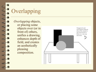 Overlapping
Overlapping objects,
  or placing some
  objects over (or in
  front of) others,
  unifies a drawing,
  enhances depth of
  field, and creates
  an aesthetically
  pleasing
  composition.
 
