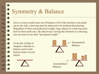 Symmetry & Balance
Just as a room would seem out of balance if all of the furniture were piled
up on one side, a drawing must be balanced to be aesthetically pleasing.
Regardless of their actual physical weight, large objects in a drawing seem
heavier than small ones. By objectively viewing the elements in a drawing,
you can learn to see their "perceptual weight."


To do this it helps to                                     Symmetrical
imagine a fulcrum or                                       Balance
balance point at the
bottom center of your
sketch.


                                       Asymmetrical
                                       Balance
 