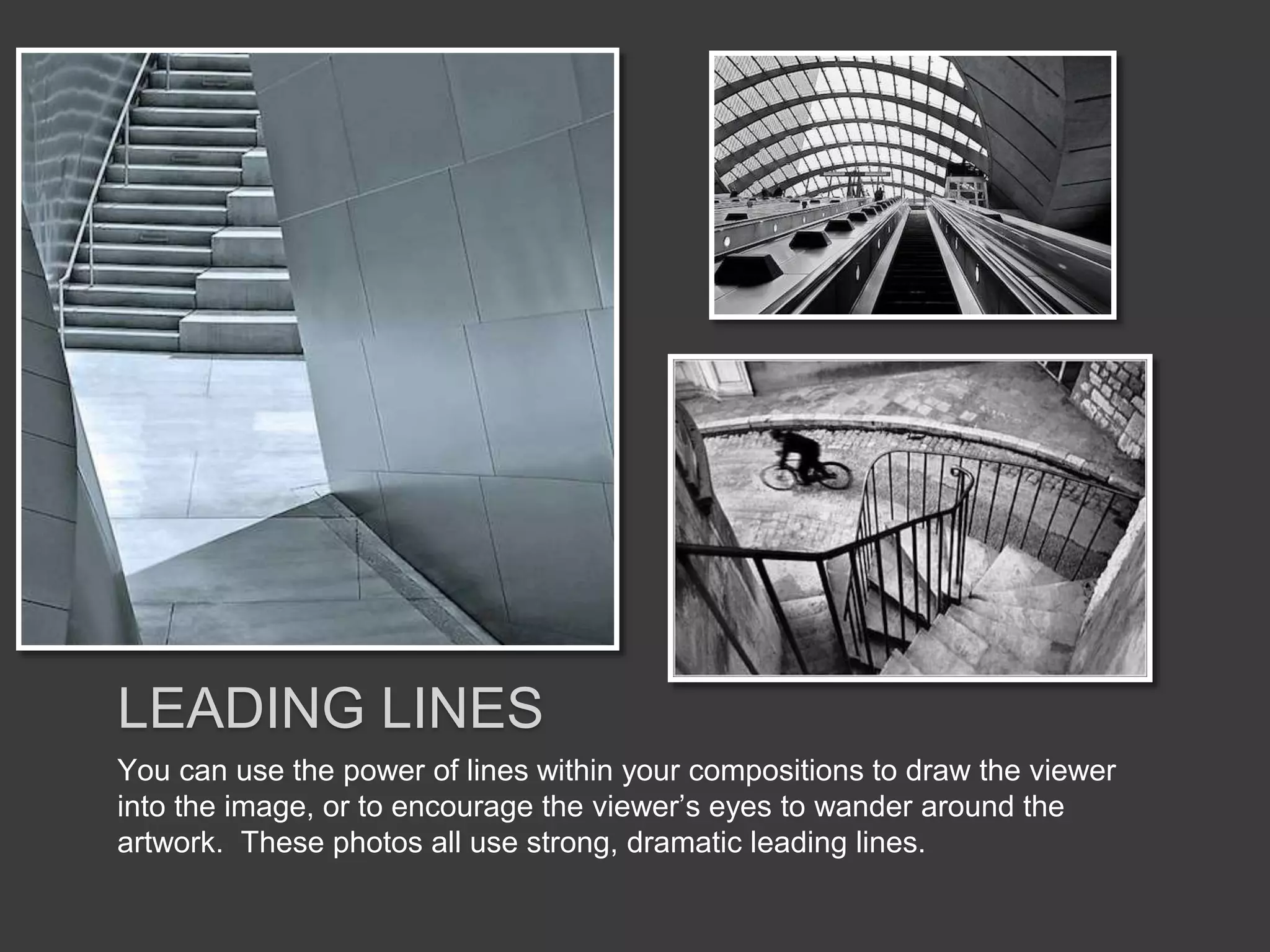 You can use the power of lines within your compositions to draw the viewer
into the image, or to encourage the viewer’s eyes to wander around the
artwork. These photos all use strong, dramatic leading lines.
LEADING LINES
 